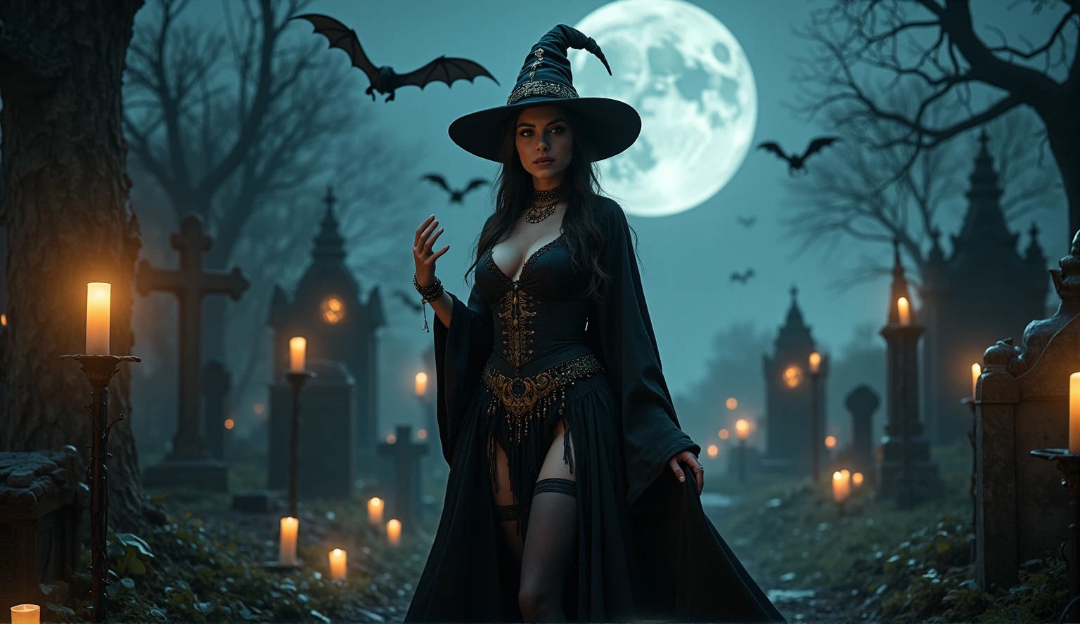 Female wizard, very detailed wizard, large breasts, Wiccan makeup. The hideous beasts looks very angry and ready to cause chaos, DEVIL SPAWN. Halloween, cemetery, candles, sharp light and shadows, night, etherial mist, moonlight, horizon, panorama, ray tracing, DSLR, UHD, 8k, photorealistic, masterpiece, award-winning