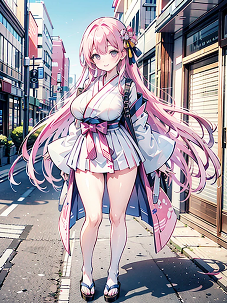 pink kimono leotard　 pink hair straight long　Busty　 plump thighs 　Oversized breasts　Sandals　Kyoto Downtown　Miniskirt hakama　 very long hair, Large Breasts, smile, ribbon, Overexposure, 