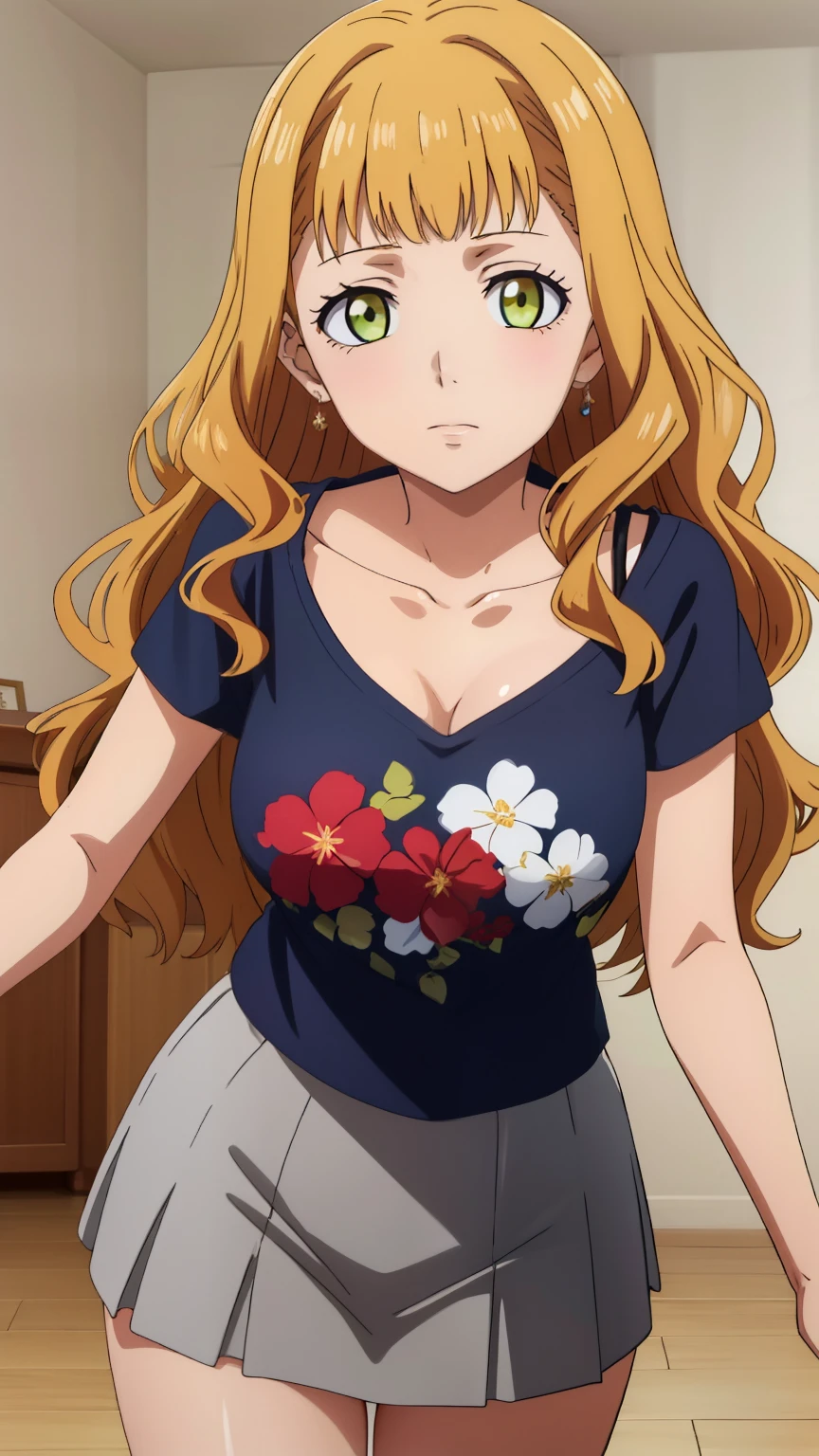 (masterpiece, best quality, high resolution, 8k:1.2), (anime coloring), confused, detailed face, beautiful face, (beautiful eyes, deep eyes), one girl, ((dynamic pose)), mimosa, green eyes, orange hair, long hair, alone, looking at viewer, wavy hair, bangs, (medium breasts:1.1),  (Floral T-shirt, collarbone, mini skirt, park), (cowboy shot), 