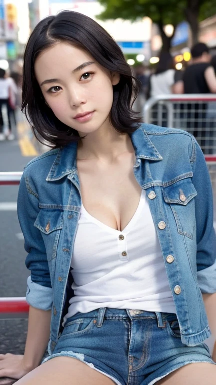 (RAW Photos:1.2), (Realistic:1.4), Cinema Lighting, Beautiful detailed 1Japanese naked woman, Very detailed eyes and face, ((wearing front button opening jersey jacket and denim shorts on bare skin)),  (cleavage), super close up shot of crotch, focus on crotch, upshorts, from below, Beautiful attention to detail, High resolution, Very detailed, Highest quality, masterpiece, very short silver hair, sitting on low fence, bend knees,  (Dynamic pose), (Sexy pose),  nsfw,  at Akihabara crossing,