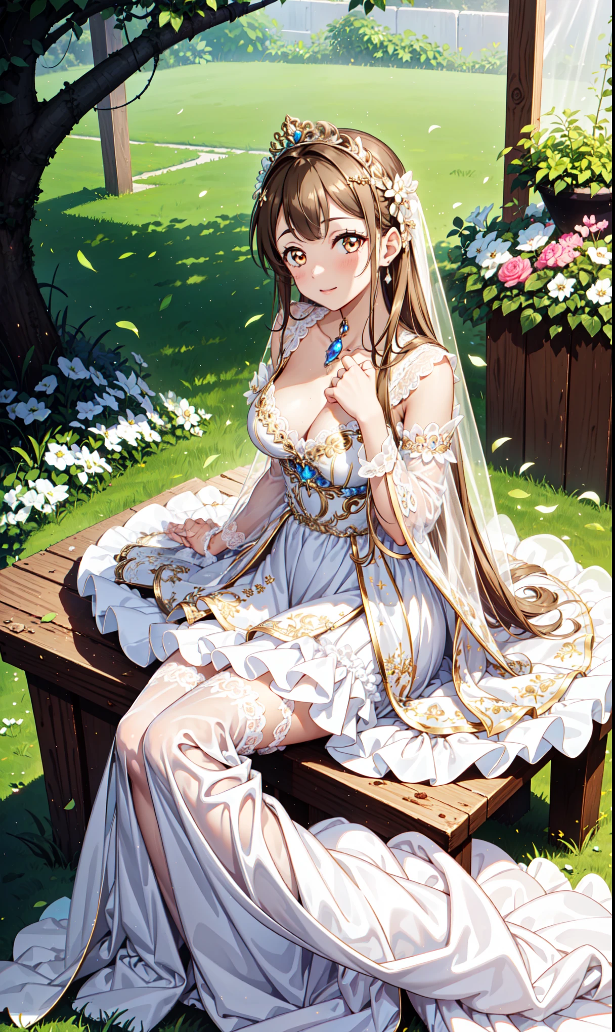 girl，obsessed， Have Fun ，in love，Clear classical princess dress ， fabric with metal crown，Golden Eyes， superdetail，(Dress nicely:1.3), cinematic lighting ,White tint，Ruffles，Lace，Jewelry，Floral Decoration，in a royal garden，solitary，delicate and beautiful face