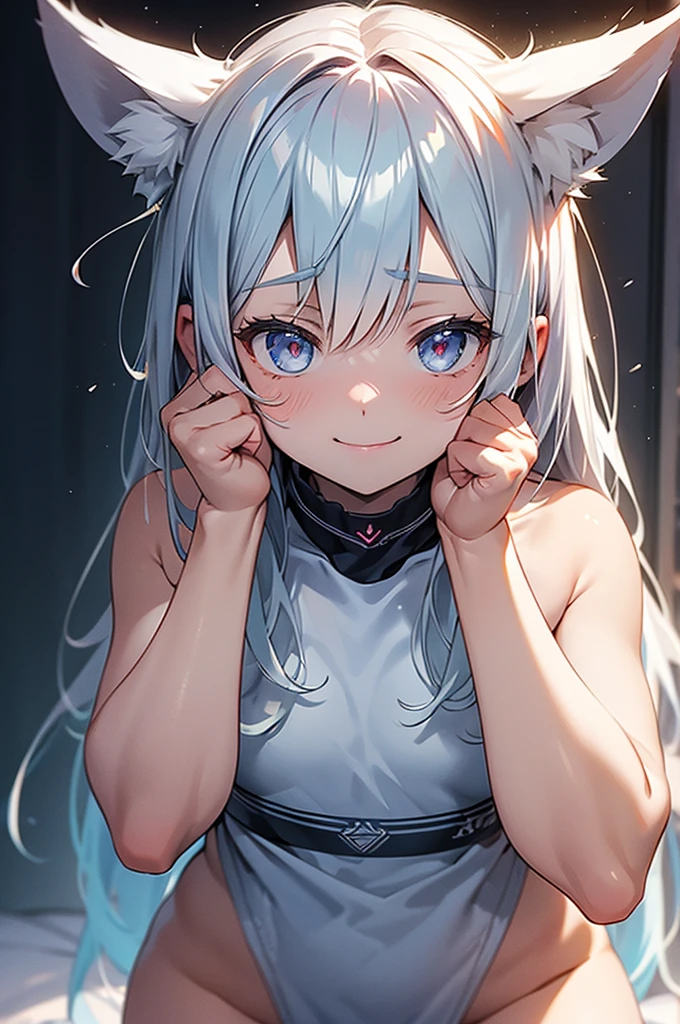 ((Detailed eyes,  eyes are shining:1.2))beautiful eyes{best quality}, {very aesthetic}, {ultra-detailed}, {best illustration}, nsfw,{{1boys}},,boy,Tsurime Eyes,look at viewer,silver long hair,fem boy,boy, Shota,small penis,Fox ears,cute boy,Hair between the eyes,Completely naked, long bangs ,Hands behind back,Perfect Face, perfect anatomy, simple background,smile,(bangs between eyes),(完璧なCompletely naked),(very small penis,testis, perineum),(full nelson),(両足を広げてWidening analを見せる),(Widening anal:1.5)