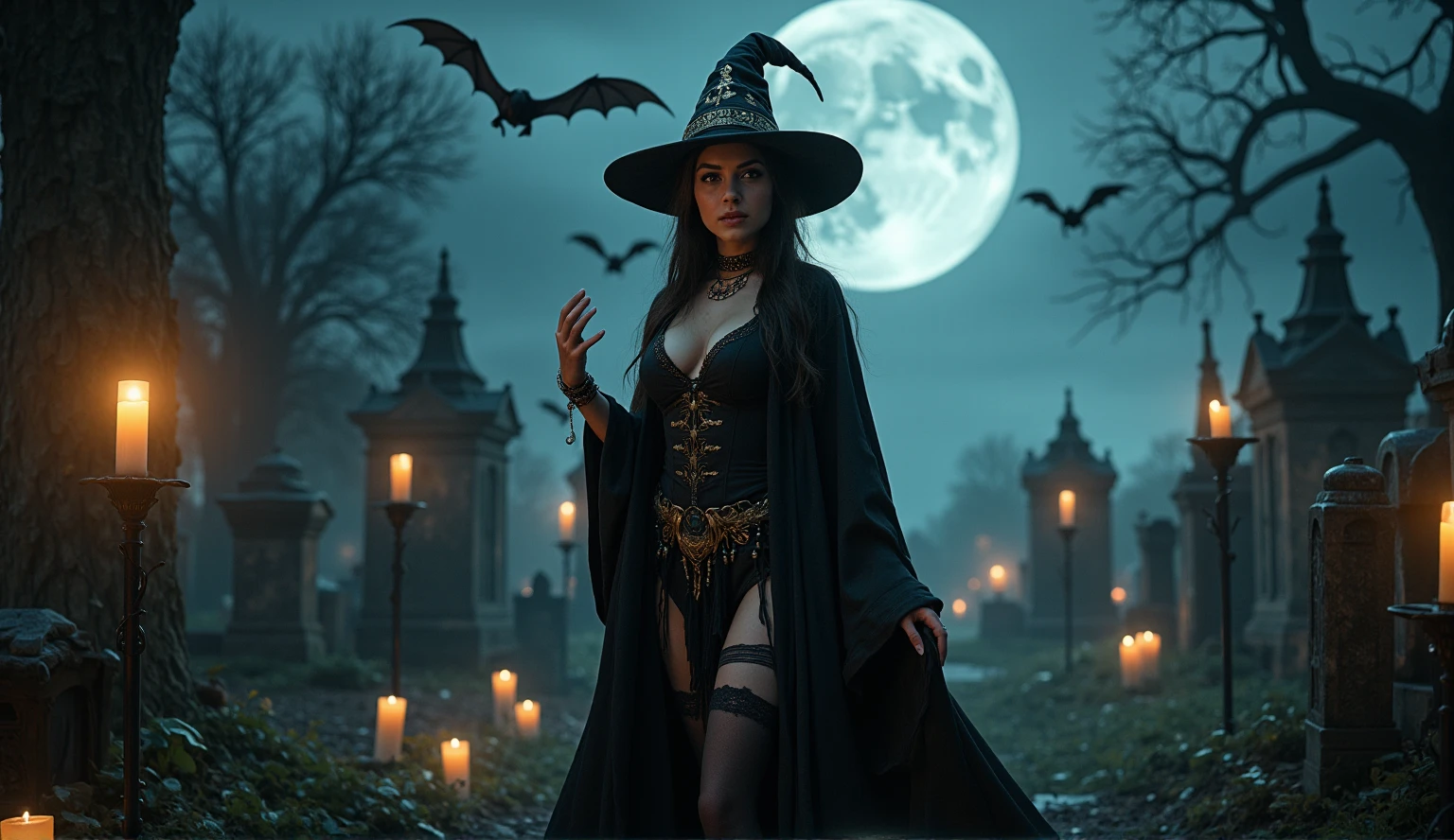 Female wizard, very detailed wizard, large breasts, Wiccan makeup. The hideous beasts looks very angry and ready to cause chaos, DEVIL SPAWN. Halloween, cemetery, candles, sharp light and shadows, night, etherial mist, moonlight, horizon, panorama, ray tracing, DSLR, UHD, 8k, photorealistic, masterpiece, award-winning