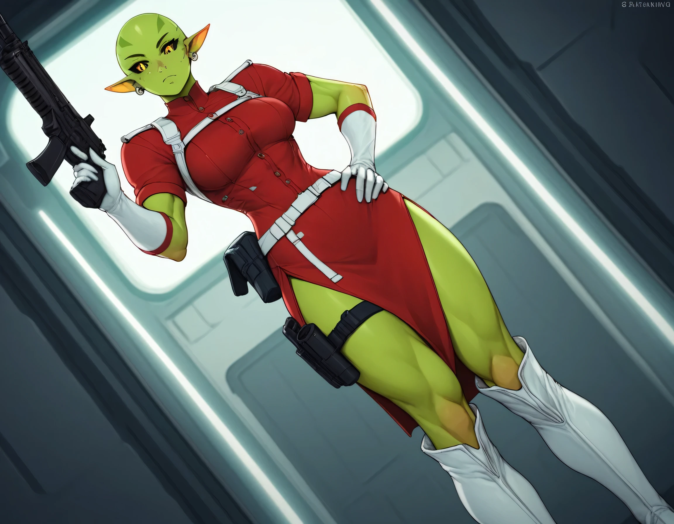 (((Solo))), score_9,score_8_up,score_7_up, alien girl, monster girl, slit pupils, yellow pupils, black sclera, green skin, pointy ears, bald, hourglass figure, (((1girl))), medium breasts, athletic, (((red sci-fi uniform with white accents))), (((red uniform))), (((white leather knee-high boots))), (((red side-slit thigh-length skirt))), cleavage, ((((in a spaceship)))), tall, freckles on face, looking out window, looking away from viewer, disinterested expression, high cheekbones, standing by window, hairless, no eyebrows, no eyelashes, (((view of cosmos through window))), (((white leather elbow-length gloves))), dutch angle, small golden earrings in ear lobes, ((((no eyebrows))), (((gun holster on left thigh))), (((one hand on hip))), glass space helmet, (((trigger discipline)))