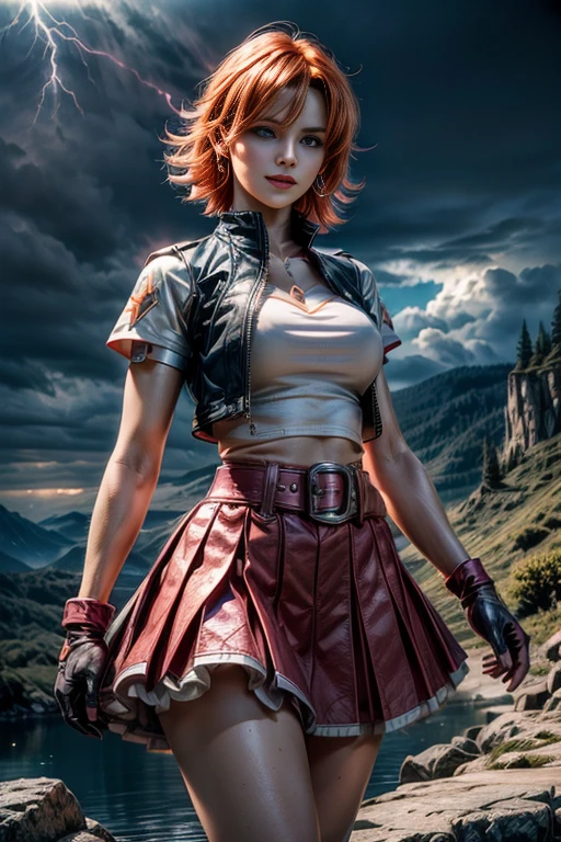 cowboy shot, beautiful (nora_valkyrie), looking at viewer, smiling, lips, short hair, blue eyes, orange hair, hoop earring, heart design on t-shirt, gloves, jacket, pink skirt, pink belt, short sleeves, puffy sleeves, single armband, fingerless gloves, black nail, dynamic pose, night, lightning, nora is standing on a mountain path, overlooking a river running through a valley, holding lightning in her hand, best quality, masterpiece, intricate details, tonemapping, sharp focus, hyper detailed, masterpiece, elegant face, beautiful face, highly detailed skin, skin pores, subsurface scattering, realistic pupils, full lips, detailed background, depth of field, atmospheric perspective, volumetric lighting, sharp focus, absurdres, realistic proportions, good anatomy, (realistic, hyperrealistic:1.4), 16k hdr,