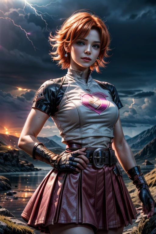 cowboy shot, beautiful (nora_valkyrie), looking at viewer, smiling, lips, short hair, blue eyes, orange hair, hoop earring, heart design on t-shirt, gloves, jacket, pink skirt, pink belt, short sleeves, puffy sleeves, single armband, fingerless gloves, black nail, dynamic pose, night, lightning, nora is standing on a mountain path, overlooking a river running through a valley, holding lightning in her hand, best quality, masterpiece, intricate details, tonemapping, sharp focus, hyper detailed, masterpiece, elegant face, beautiful face, highly detailed skin, skin pores, subsurface scattering, realistic pupils, full lips, detailed background, depth of field, atmospheric perspective, volumetric lighting, sharp focus, absurdres, realistic proportions, good anatomy, (realistic, hyperrealistic:1.4), 16k hdr,