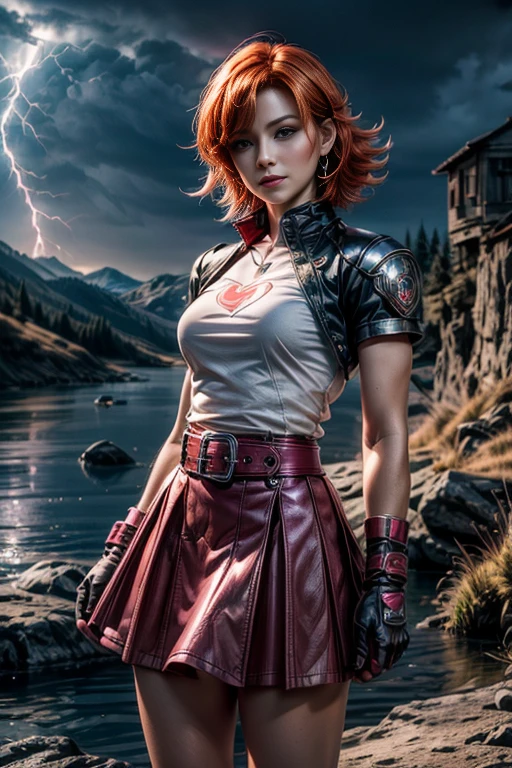 cowboy shot, beautiful (nora_valkyrie), looking at viewer, smiling, lips, short hair, blue eyes, orange hair, hoop earring, heart design on t-shirt, gloves, jacket, pink skirt, pink belt, short sleeves, puffy sleeves, single armband, fingerless gloves, black nail, dynamic pose, night, lightning, nora is standing on a mountain path, overlooking a river running through a valley, holding lightning in her hand, best quality, masterpiece, intricate details, tonemapping, sharp focus, hyper detailed, masterpiece, elegant face, beautiful face, highly detailed skin, skin pores, subsurface scattering, realistic pupils, full lips, detailed background, depth of field, atmospheric perspective, volumetric lighting, sharp focus, absurdres, realistic proportions, good anatomy, (realistic, hyperrealistic:1.4), 16k hdr,
