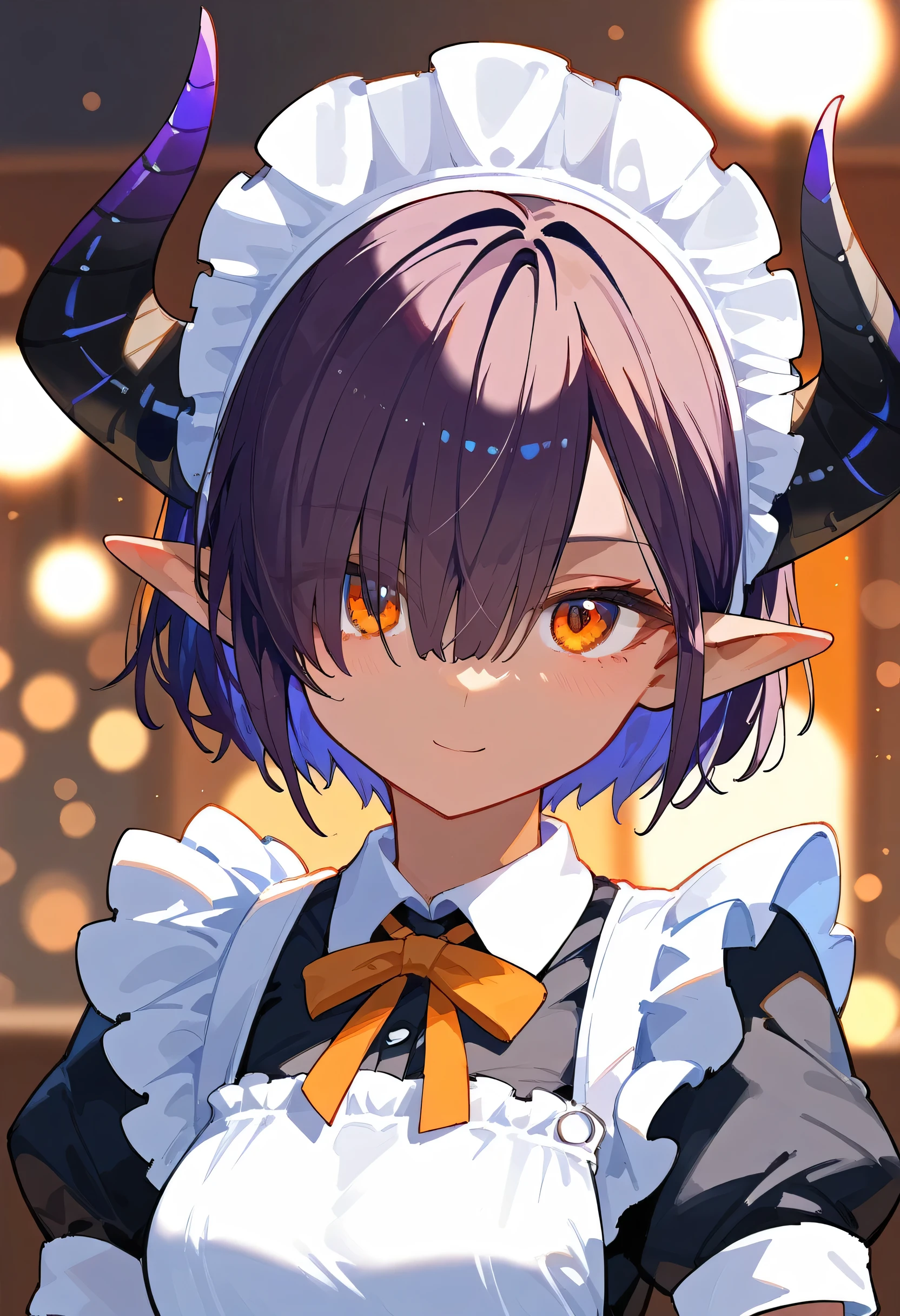 No. 3, close, masterpiece,  best quality , Bokeh, cute, nai3, close up, masterpiece, Highest quality, One person, 1girl, solo, dark skin, horns, dark-skinned female, pointy ears, maid, hair over one eye, apron, short sleeves, maid headdress, orange eyes, looking at viewer, puffy sleeves, short hair, puffy short sleeves