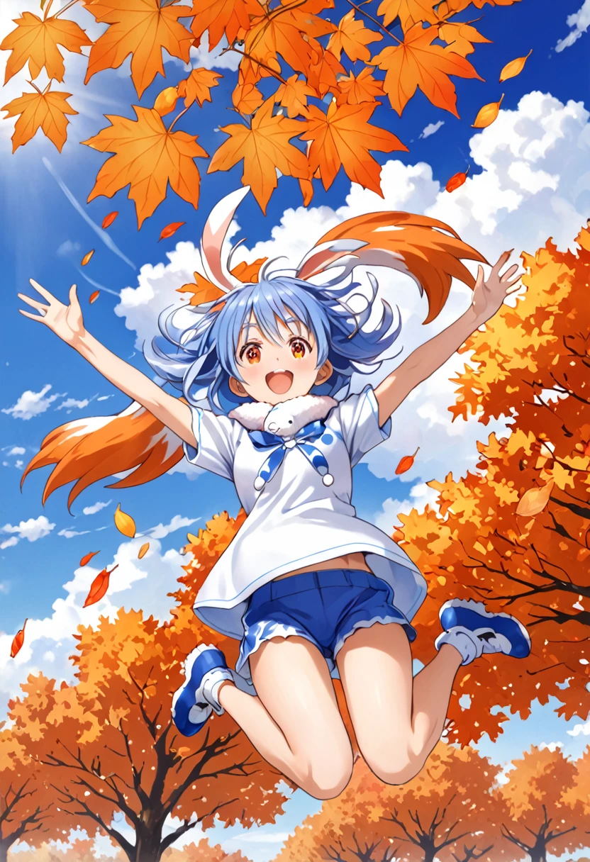 Woman jumping big in the air , Used pekora,Autumn sky, There are a lot of small Usada Pecora characters deformed in the background