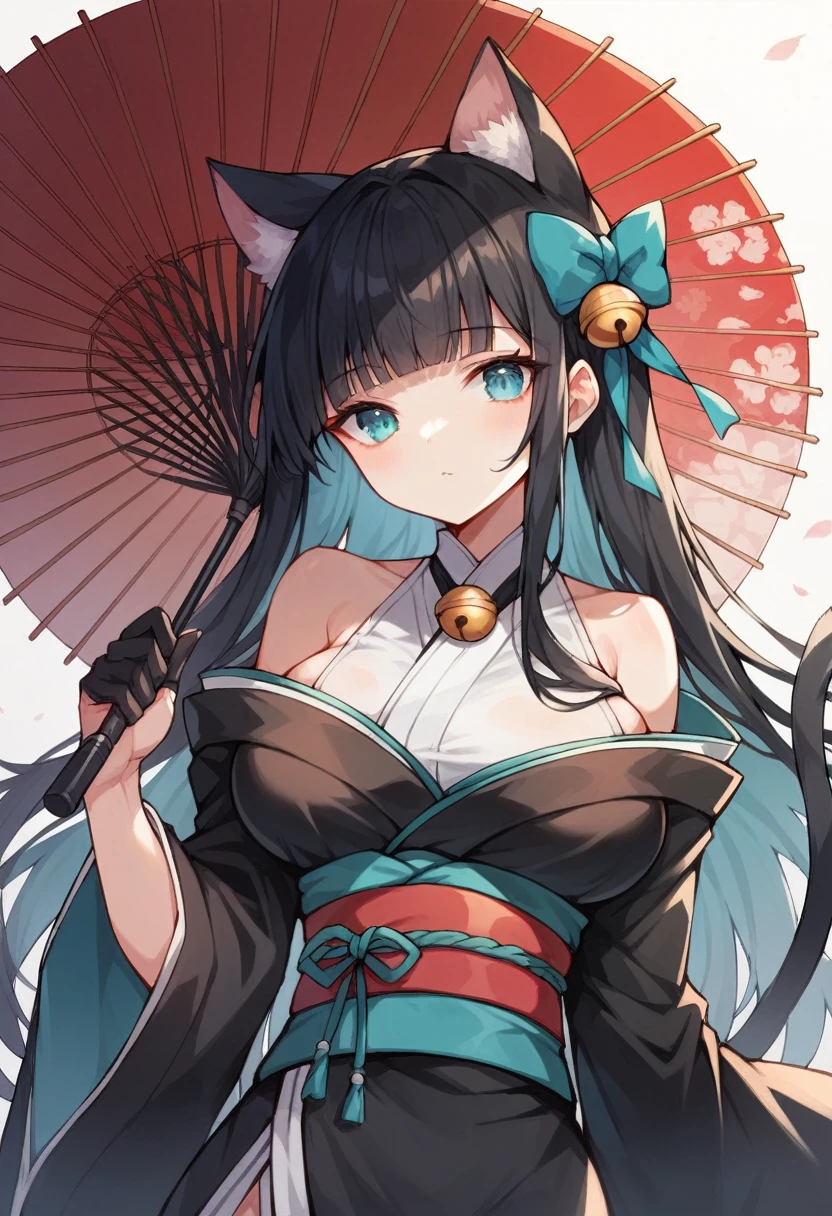 (masterpiece, best quality:1.2),illustration,8k,hd,absurdres,1girl,solo,upper body,(portrait:1.2),fusou (azur lane),animal ears,bangs,bell,black hair,black kimono,blue eyes,butterfly hair ornament,cat ears,cleavage,collarbone,eyebrows visible through hair,hair bow,hair ornament,japanese clothes,jingle bell,large breasts,long hair,low ponytail,obi,ribbon-trimmed clothes,ribbon trim,sash,side ponytail,swept bangs,tassel,white thighhighs,wide sleeves,zettai ryouiki,<lora:Fusou(azur)>,