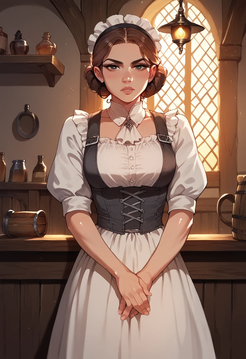 Score_9, Score_8_up, Score_7_up, Score_6_up, Score_5_up, Score_4_up, Source_anime, Tag1, Tag2, Quality_masterpiece, Anatomically correct, Beautiful face, Perfect face, Highly detailed beautiful face, Im Game of Thrones Stil: A waitress in her mid-forties , in a medieval tavern , wearing a grubby looking dress , long and very messy brown hair, unattractive and round face , complete figure, serious facial expression , medieval tavern interior , wooden beams, warm light, oil painting style , highly detailed, Photorealistic , Dramatic Lighting, cinematic composition , muted color palette
