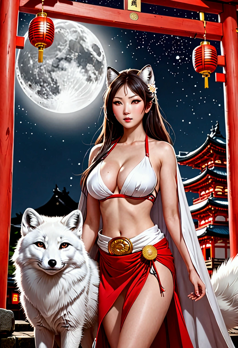   theme: Inari, (Japanese Goddess) Beautiful Goddess,  white skin,Very big breasts , Well-trained muscles ,arctic fox,   9 beautiful white tails on the back ,  beautiful eyes, she likes to wear a flying cape。,Japanese shrine with full moon in the background , ((Accurate and detailed)) (( Kampala)Inari