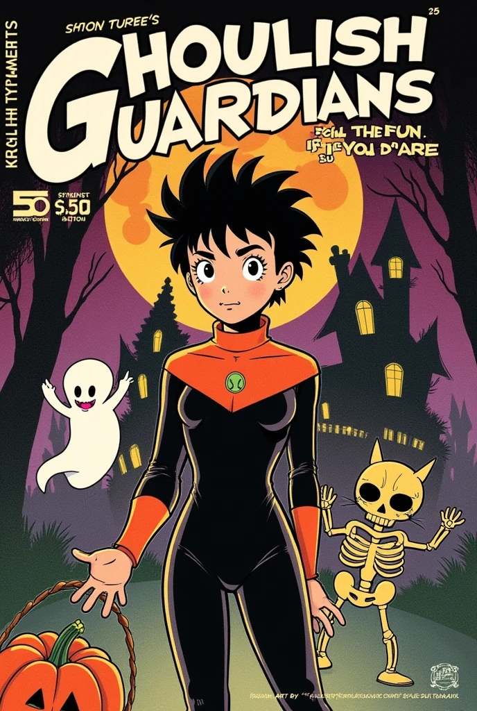 a vintage 1980s manga cover with a Halloween Night Adventures theme. The central character should be a determined young hero with stylish spiky hair, wearing a sleek, form-fitting costume adorned with a subtle pumpkin emblem on the chest. Surround the hero with intriguing yet spooky creatures: a small, spectral ghost with a playful expression, a ghostly cat with sharp features and glowing eyes, and an eerie yet cute skeleton, all poised as if ready for an adventure.

In the background, illustrate a foreboding haunted house with jagged edges, crooked windows, and bats fluttering in front of a massive, ominous full moon that casts dramatic shadows. Frame the scene with a dark, misty forest, adding depth to the Halloween atmosphere.

At the top, place the title 'Ghoulish Guardians' in bold, stylized manga lettering, with a sharp, dynamic font. Below, include a tagline reading 'Join the Fun if You Dare!' in a slightly smaller font.

Incorporate classic manga elements such as issue number #5, price $2.50, and credits for the creators: Art by Kenji Yamamoto, Story by Suki Tanaka. Utilize a rich color palette featuring deep oranges, blacks, and purples, capturing the essence of Halloween. The artwork should embody the refined line work, intricate details, and expressive characters typical of Akira Toriyama's style, ensuring a textured, nostalgic feel reminiscent of classic 80s manga covers.