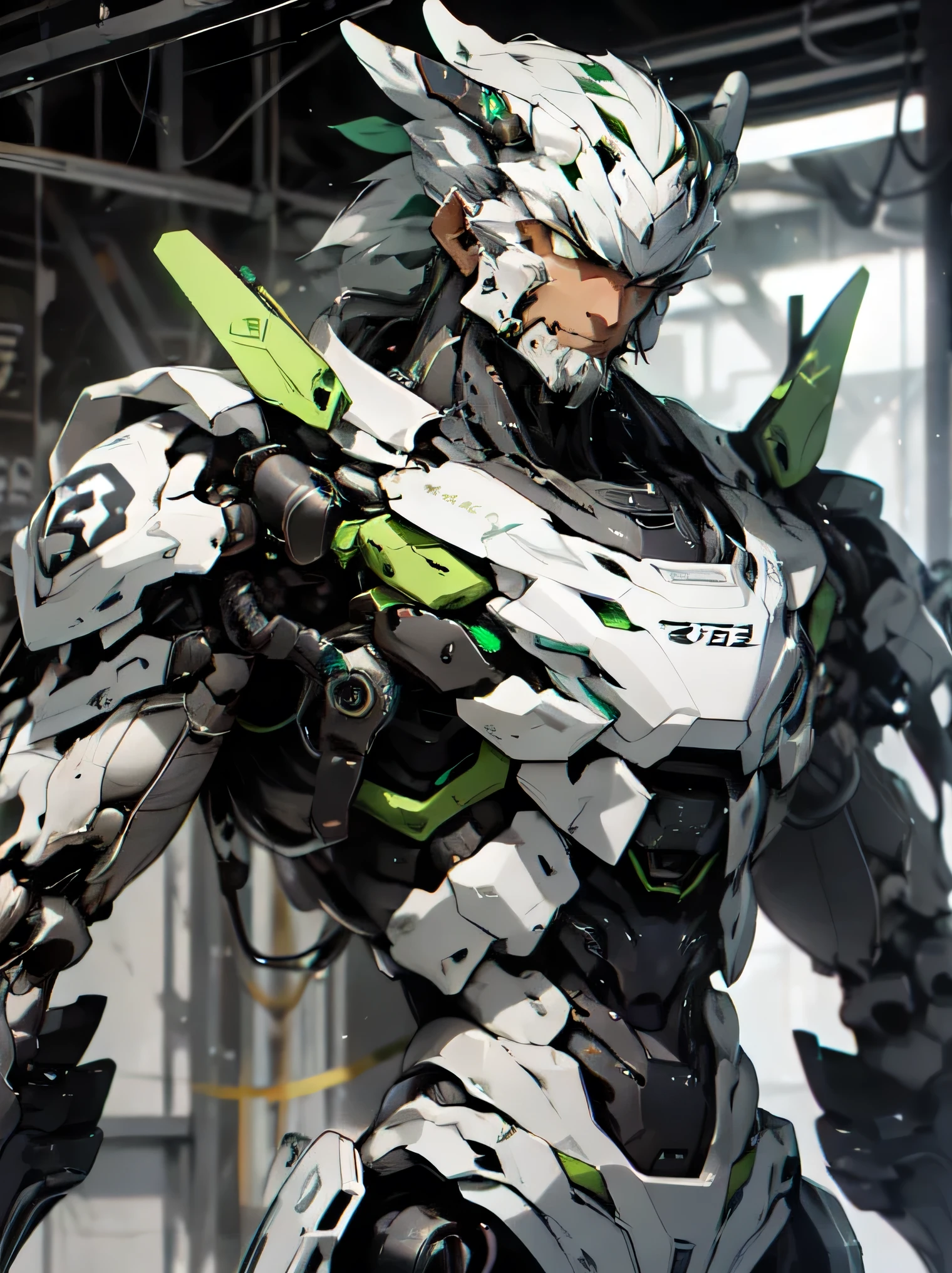 A guy wear Mech suit, emerald color, best quality