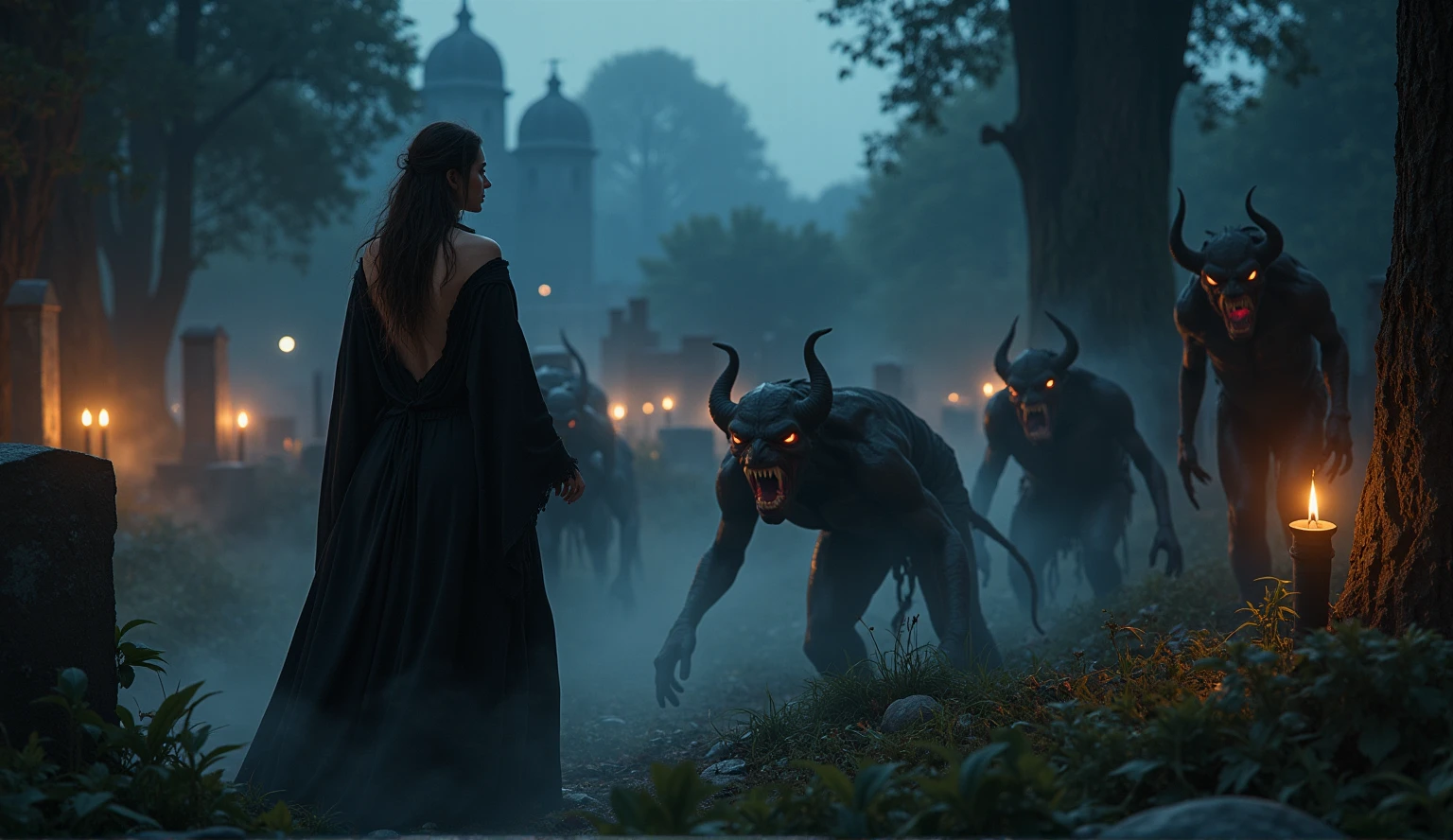 In a dimly lit, eerie cemetery at dusk, a ravishing female wizard stands tall, her intricate Wiccan makeup shimmering under the faint moonlight. Her large breasts are prominently displayed as she gazes defiantly at the snarling, hellish DEVIL SPAWN lurking before her. Sharp candlelight and shadows dance across the gravestones, casting an otherworldly glow on the scene. Ethereal mist swirls around her ankles, as if the very veil between worlds is thinning. The horizon stretches out in a panoramic vista of darkness, with the wizard's figure silhouetted against the malevolent forces gathering behind her. Captured with photorealistic precision using ray tracing and 8K resolution, this masterpiece of imagery commands attention, earning top honors at any award show.