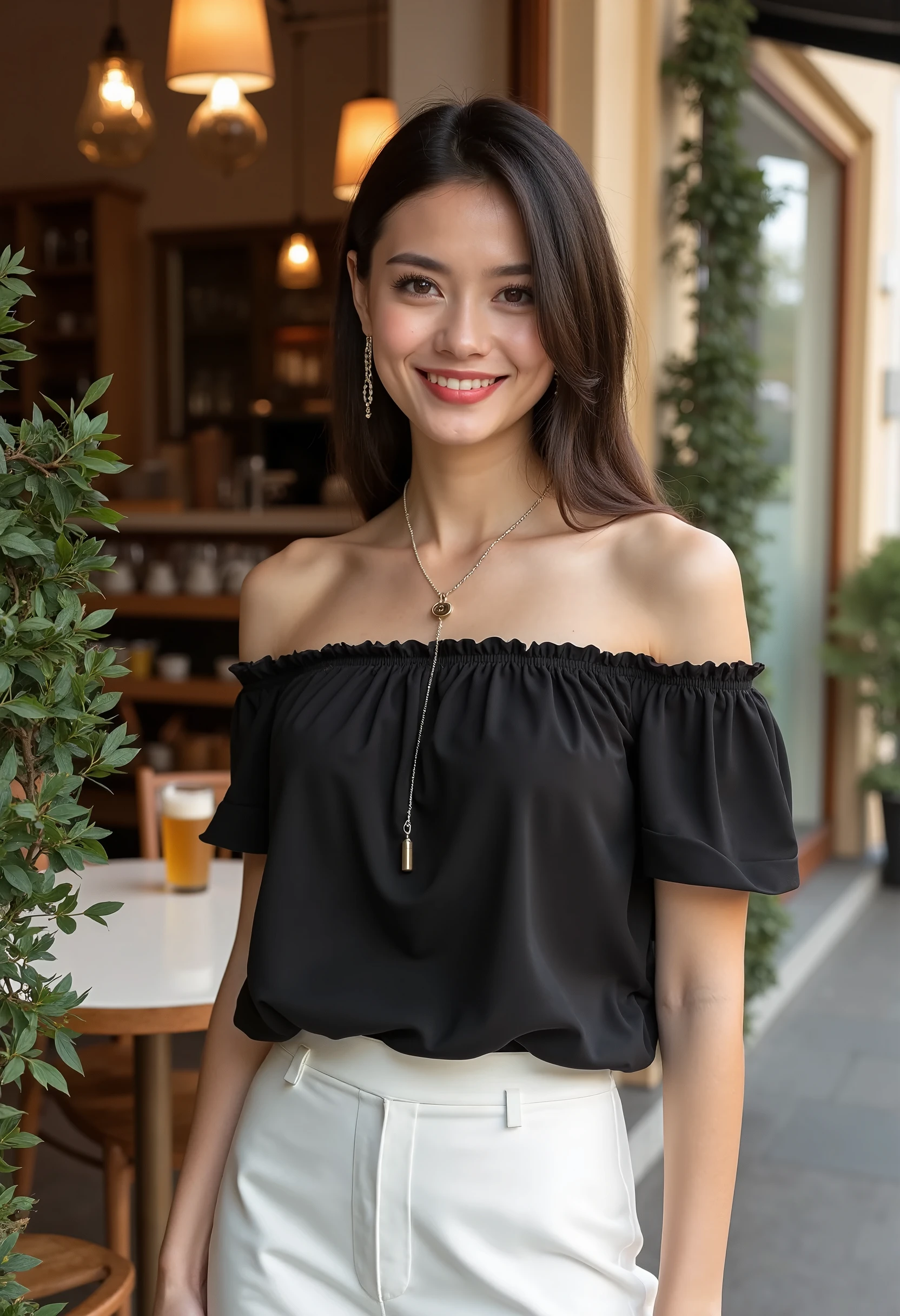 photo shoot, Model shoot, Cowboy shot of a woman standing outside a cafe wearing a black off-the-shoulder shirt and a white skirt, she is posing in the photo studio, She has nice lipstick, Bright colors, outdoor