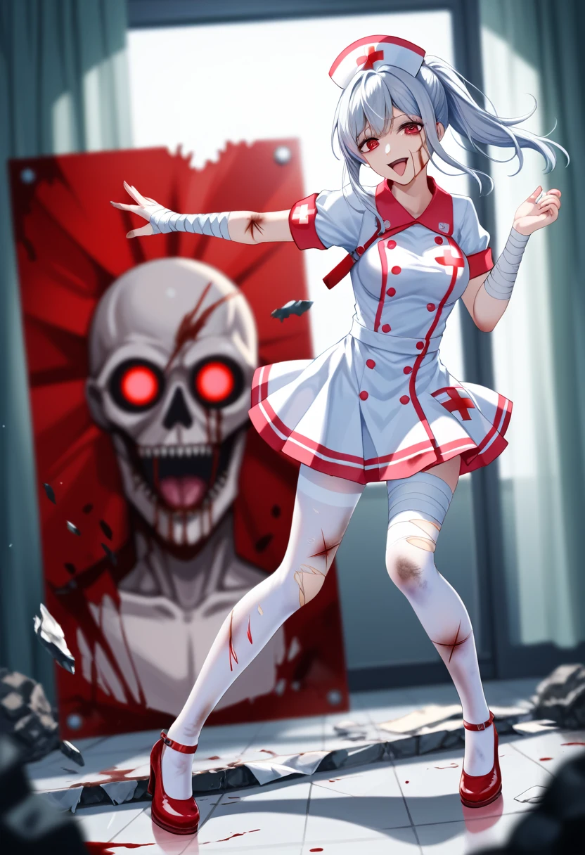 Green ponytail、Blue skin and face、masterpiece, Best Quality, Highest detail,  1 girl, break, Horror, (小さなinjuryをした女の子, Blood, 出Blood, injury), Shiny white hair, Jewel-like red eyes, Anime Highlight Eyes, (Nurse uniform: 1.4), (White tight mini skirt: 1.2),  white pantyhose , Damaged clothes, Dirty clothes, Bloodstained clothes, Scarred skin, Battle Damage, Bandaged arm, Bandaged leg, ( yandere:1.2), break, The background is a modern hospital, The collapsed hospital, break, Full Body, Cinema Lighting, Action Movie Posters, dynamic, Beautiful girl action actor,  motion blur,  depth of field, , Sony FE,  1 girl ,