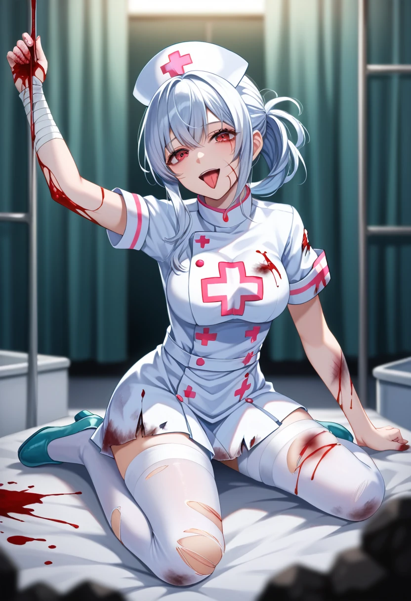 Green ponytail、Blue skin and face、masterpiece, Best Quality, Highest detail,  1 girl, break, Horror, (小さなinjuryをした女の子, Blood, 出Blood, injury), Shiny white hair, Jewel-like red eyes, Anime Highlight Eyes, (Nurse uniform: 1.4), (White tight mini skirt: 1.2),  white pantyhose , Damaged clothes, Dirty clothes, Bloodstained clothes, Scarred skin, Battle Damage, Bandaged arm, Bandaged leg, ( yandere:1.2), break, The background is a modern hospital, The collapsed hospital, break, Full Body, Cinema Lighting, Action Movie Posters, dynamic, Beautiful girl action actor,  motion blur,  depth of field, , Sony FE,  1 girl ,