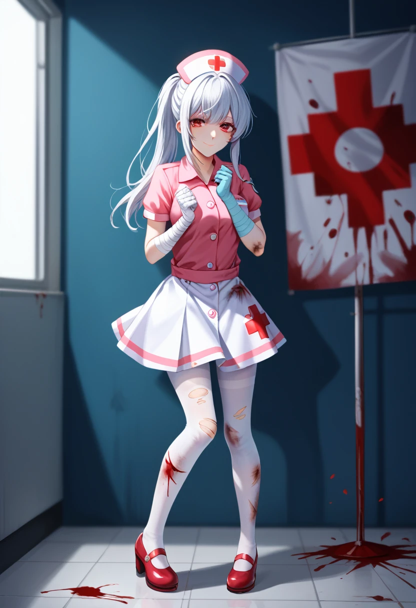 Green ponytail、Blue skin and face、masterpiece, Best Quality, Highest detail,  1 girl, break, Horror, (小さなinjuryをした女の子, Blood, 出Blood, injury), Shiny white hair, Jewel-like red eyes, Anime Highlight Eyes, (Nurse uniform: 1.4), (White tight mini skirt: 1.2),  white pantyhose , Damaged clothes, Dirty clothes, Bloodstained clothes, Scarred skin, Battle Damage, Bandaged arm, Bandaged leg, ( yandere:1.2), break, The background is a modern hospital, The collapsed hospital, break, Full Body, Cinema Lighting, Action Movie Posters, dynamic, Beautiful girl action actor,  motion blur,  depth of field, , Sony FE,  1 girl ,