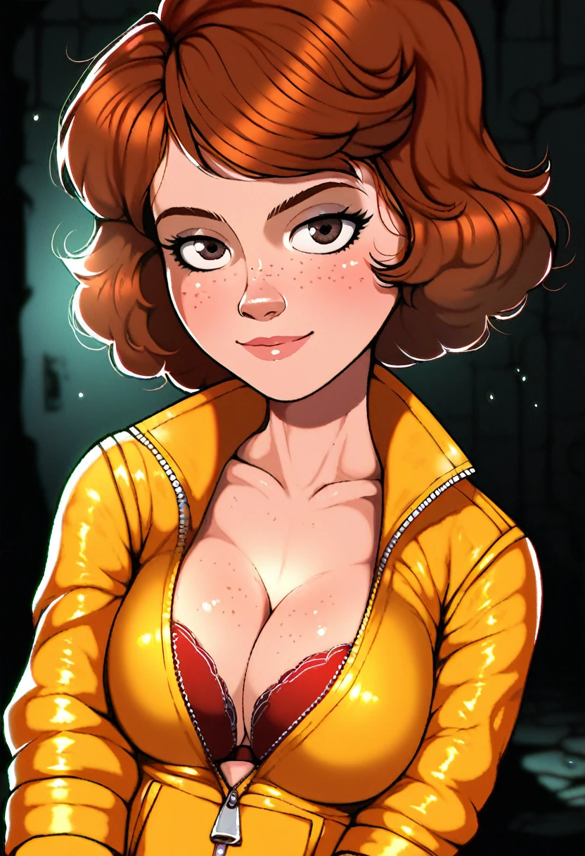 score_9, score_7_up 1girl, solo, april o'neil, cleavage, bra peek, seductive smile, jumpsuit, depth of field, partially unzipped, dark background, sewer, looking at viewer, freckles