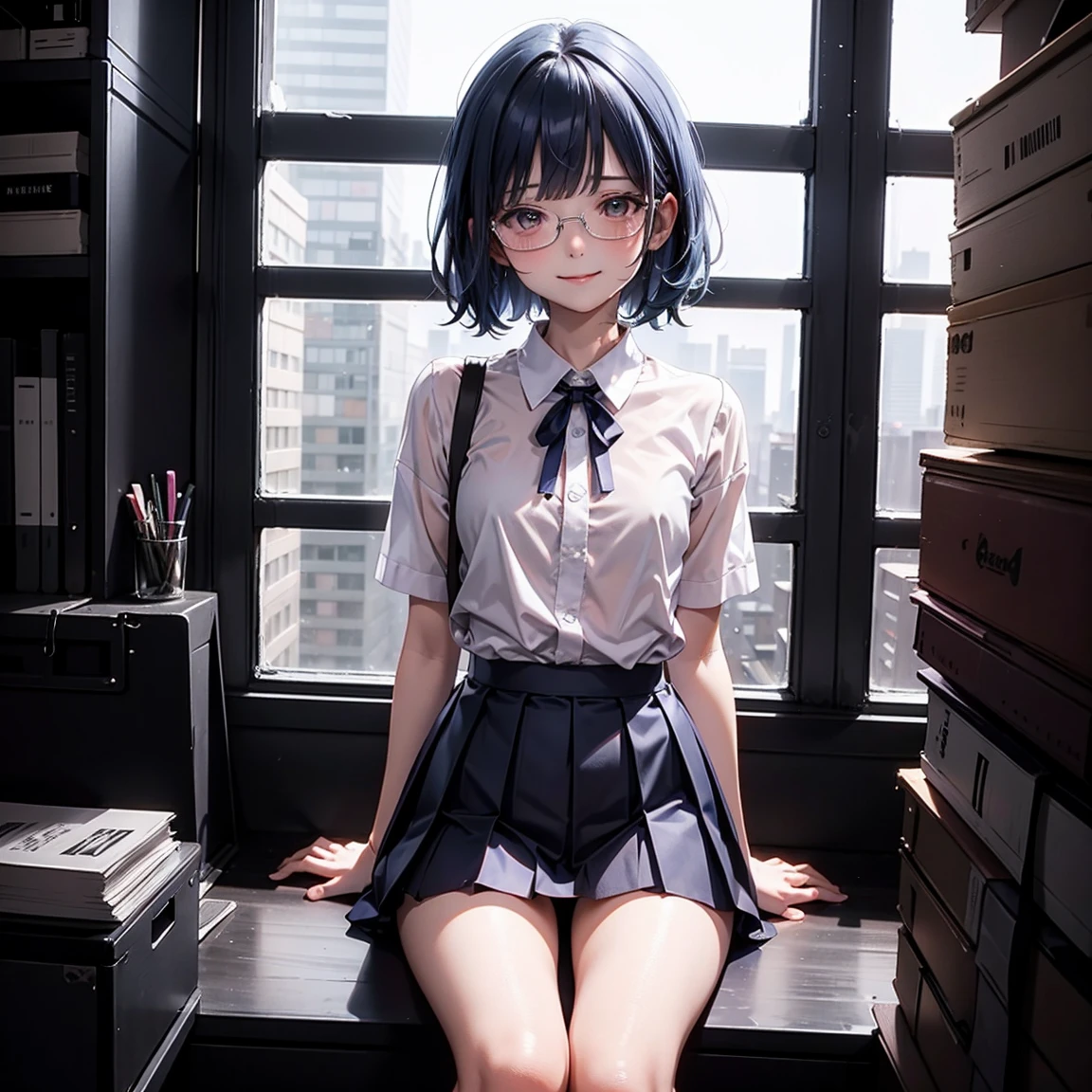 One woman（）、Short、Young face、smile、Long, blue hair、Thin glasses、White clothes、See-through shirt、ribbon、Short pleated skirt、Pink underwear、loose socks、Inside a skyscraper office at night、Spread your legs、Thin and lean legs、both hands tied and restrained