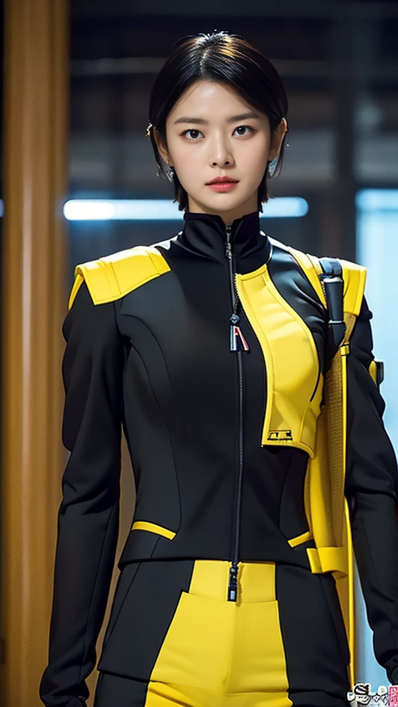 solo,  looks,  Kampala, masterpiece,  anatomically correct , Best Quality,  ultra-fine,  textured skin, woman、 very short hair divided by the center、Muscular、((((black hero suit with yellow attachments)))),Look this way、