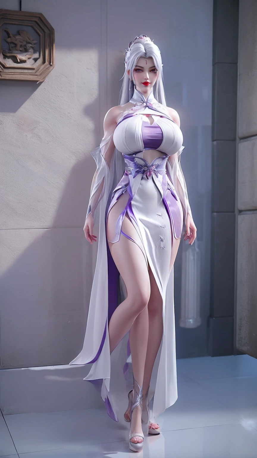 Solo, 1 Beautiful Female, Wuxia World, (1 Girl), (Full figure:1.2), (standing:1.1), (Xiuxian World), (big breasts, round breasts:1.4), (muscle abs), (big buttock:1.1), (shiny skin:1.1), Chinese Immortal Wuxia, (Purple Cross-collared Top, Ancient Long Skirt, Embroidered Cape, Streamer), Brunette Hair, Chinese Coiled Bun, Hairpin, Light Pink Lips, Calm, Intellectual, Delicate Face, Masterpiece, Best Quality, High Quality, High Definition, High Quality Texture, High Quality Shadows, High Detail, Cinematic Light, Side Lighting, Ray Tracing, Sharp Focus, Realistic, Edge Light, Two-tone Light, (Detailed Skin Details: 1.2), 8k uhd, SLR, (soft light, high quality, high resolution:1.7), (very detailed CG unity 8k wallpaper)