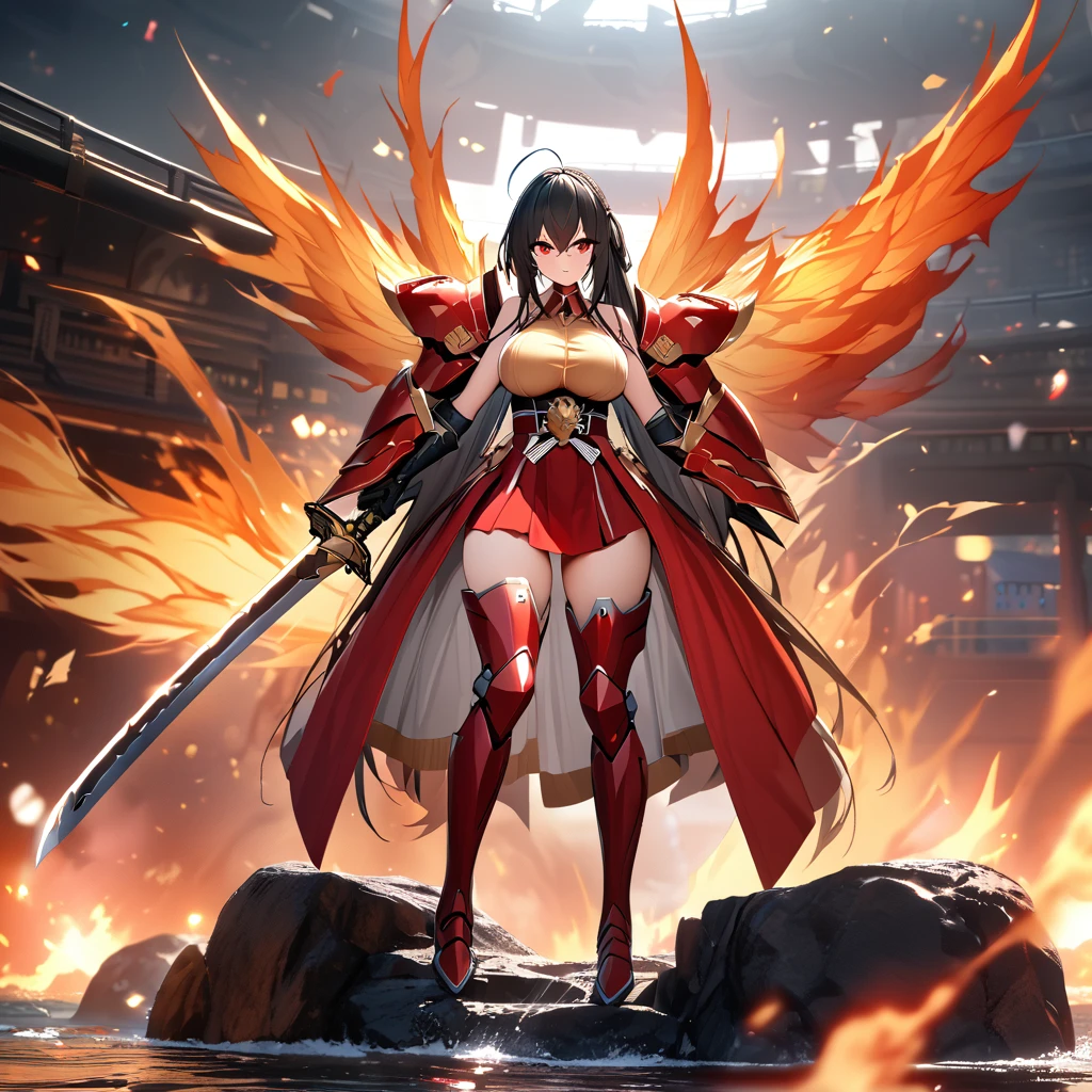 A woman wearing red heavy samurai armor, with metal boots, red bracelet, long black hair, with golden scarf in her hair, holding an unsheathed katana, glowing red eyes, sadistic smile, with a large phoenix of fire behind, walking on a rock platform,ahoge, long black hair, (Azur_lane, IJN_Taihou) with a sadistic look, full body.,HDR, ultra resolution, well defined, masterpiece, 8K HD. (Azur_lane, IJN_Taihou)UHD , prime work , accurate , anatomically correct , textured skin , super details , high quality , best quality, 8k, high resolution, bokeh effect. (woman solo), close view.
