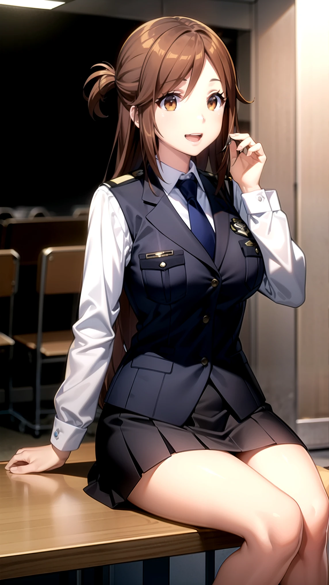 (masterpiece) ( best quality ) ( Details) (8k) ( Kampala ) (wallpaper) (Cinema Lighting) ( sharp concentration ),(RAW Photos), RW Feast , Open your mouth , smile, Brown Eyes , Brown Hair, Long Hair, police uniforms , vest, collared shirt, skirt, blue tie, Human viewers are , 1 girl、Alone、ミニskirt、Thighs