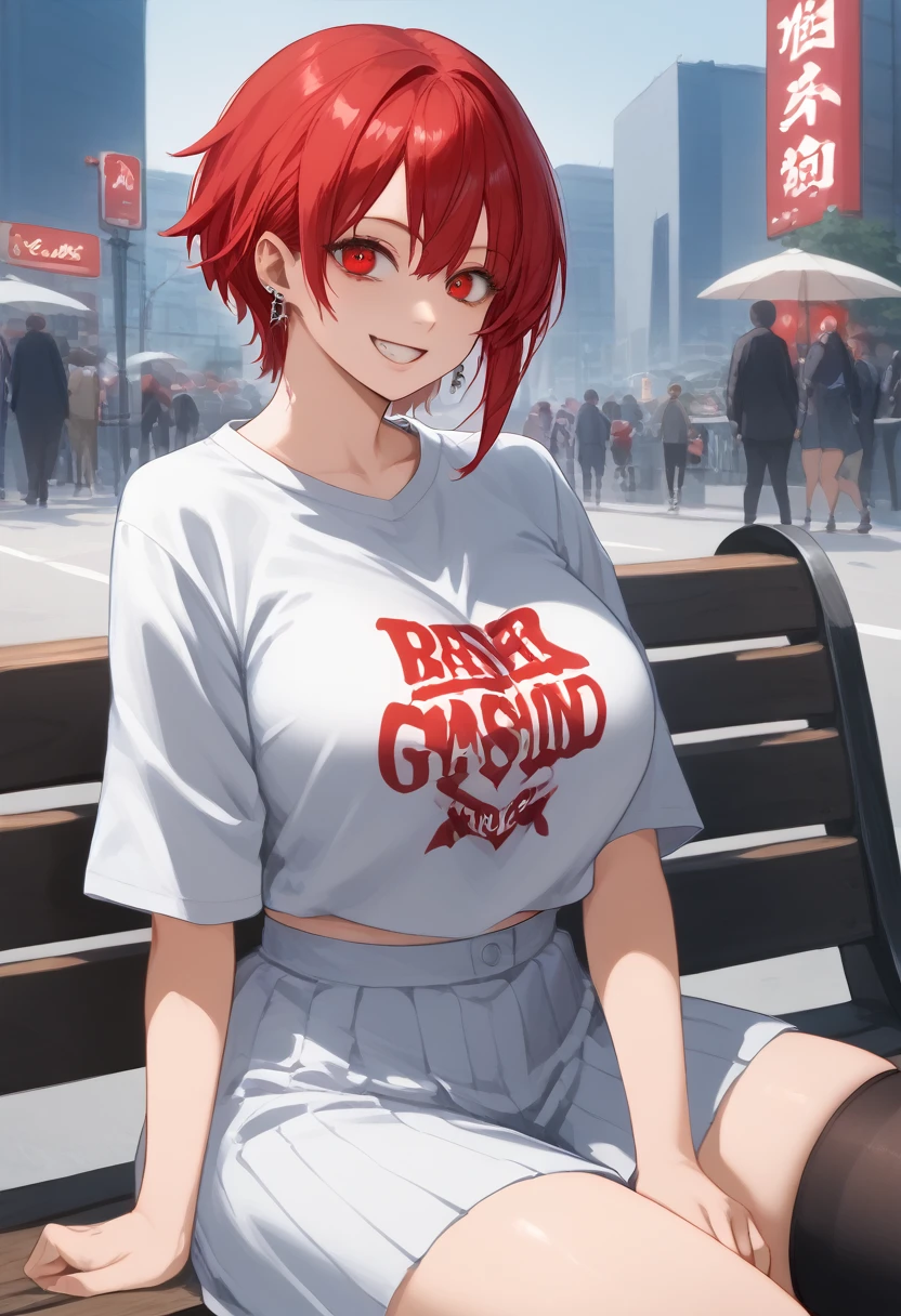 Arafed woman with red hair and piercings sitting on a bench, 4k anime style, [[[[grinning evily]]], anime badass 8 k, evil smile, crazy smile, anime wallpaper 4k, anime wallpaper 4k, anime art wallpaper 4k, anime art wallpaper 4k, detailed digital anime art, grinning lasciviously