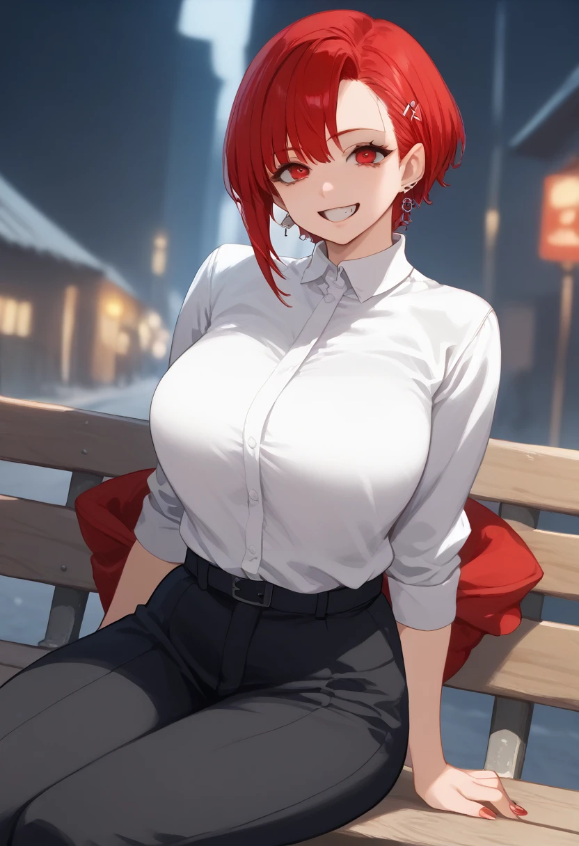 Arafed woman with red hair and piercings sitting on a bench, 4k anime style, [[[[grinning evily]]], anime badass 8 k, evil smile, crazy smile, anime wallpaper 4k, anime wallpaper 4k, anime art wallpaper 4k, anime art wallpaper 4k, detailed digital anime art, grinning lasciviously