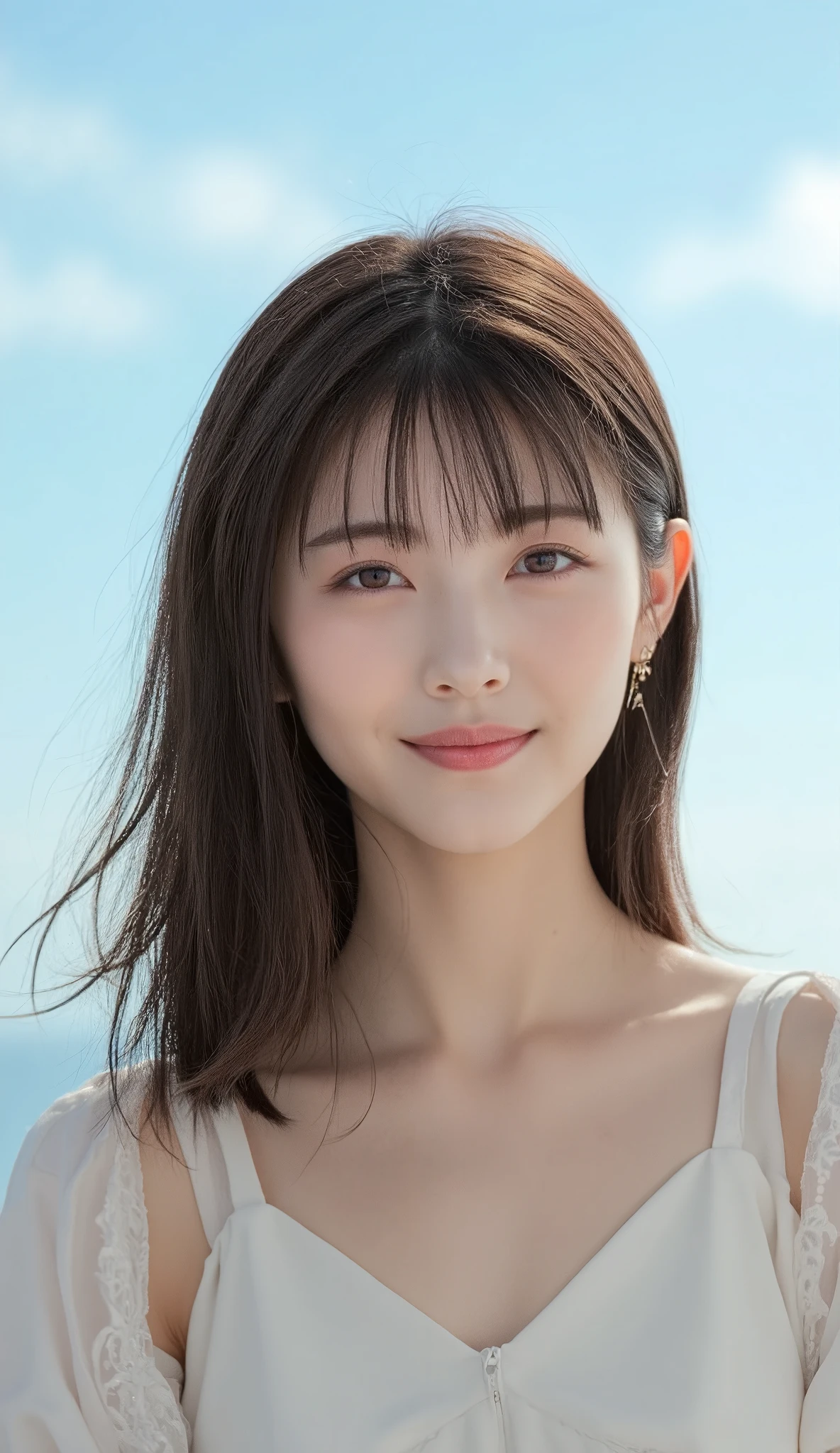 (超 Kampala, masterpiece,  anatomically correct ,  textured skin,   super detail,  best quality ,  Kampala, 8k, bloom, Front light:1.2,  perfect dynamic composition ,)   photo Portrait of a young East Asian girl .smile:1.3,  she has medium boobs  ,  She has clear white skin 、 wears an elegant summer dress 、 has a long straight hairstyle with bangs on her face .  she is staring closely at the camera while grinning  . The sky is blue、 with a few clouds in the distance .  The overall vibe of the image is calm and quiet ,  captures a quiet moment of nature .  Composition based on harmonious color theory . Shot with Sony A1. 
