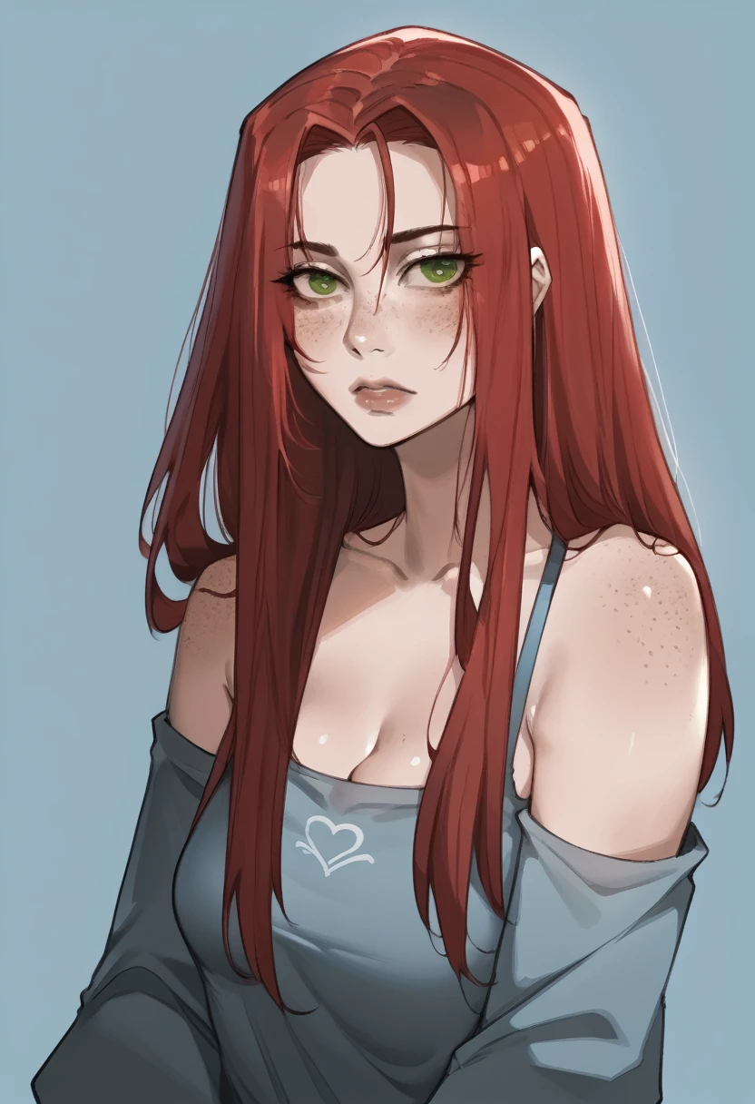 there is a drawing of a woman with red hair and a blue background, a character portrait inspired by Rei Kamoi, deviantart contest winner, digital art, red hair girl, she has red hair, red haired girl, with red hair and green eyes, with red hair, red head, crimson red hair and red eyes, red hair and freckles, halfbody portrait