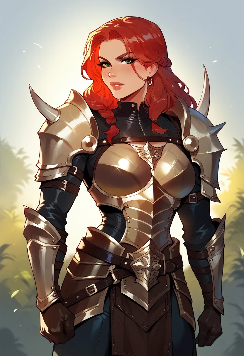 Female barbarian, red hair, leather skirt ((armor:1.2))
