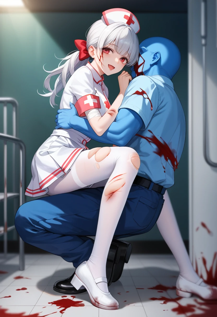 Green ponytail、Blue skin and face、masterpiece, Best Quality, Highest detail,  1 girl, break, Horror, (小さなinjuryをした女の子, Blood, 出Blood, injury), Shiny white hair, Jewel-like red eyes, Anime Highlight Eyes, (Nurse uniform: 1.4), (White tight mini skirt: 1.2),  white pantyhose , Damaged clothes, Dirty clothes, Bloodstained clothes, Scarred skin, Battle Damage, Bandaged arm, Bandaged leg, ( yandere:1.2), break, The background is a modern hospital, The collapsed hospital, break, Full Body, Cinema Lighting, Action Movie Posters, dynamic, Beautiful girl action actor,  motion blur,  depth of field, , Sony FE,  1 girl ,