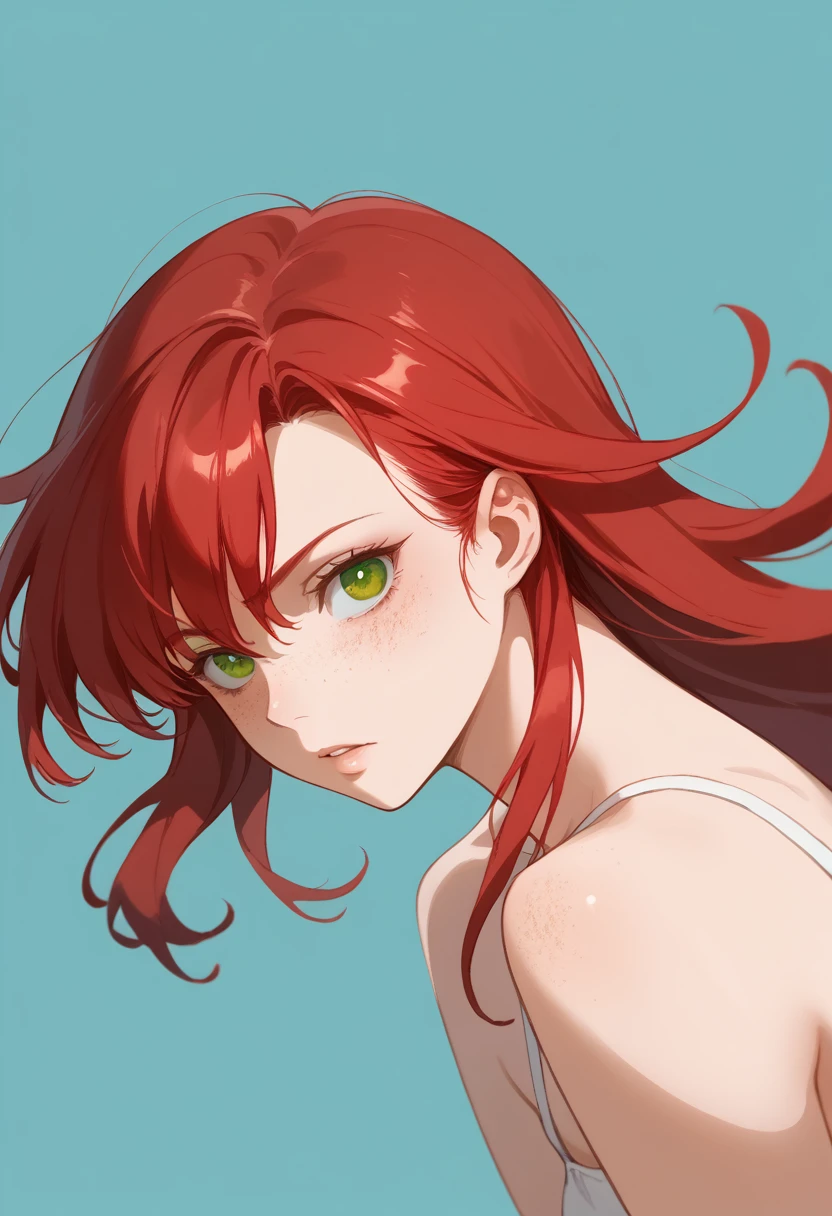 there is a drawing of a woman with red hair and a blue background, a character portrait inspired by Rei Kamoi, deviantart contest winner, digital art, red hair girl, she has red hair, red haired girl, with red hair and green eyes, with red hair, red head, crimson red hair and red eyes, red hair and freckles, halfbody portrait