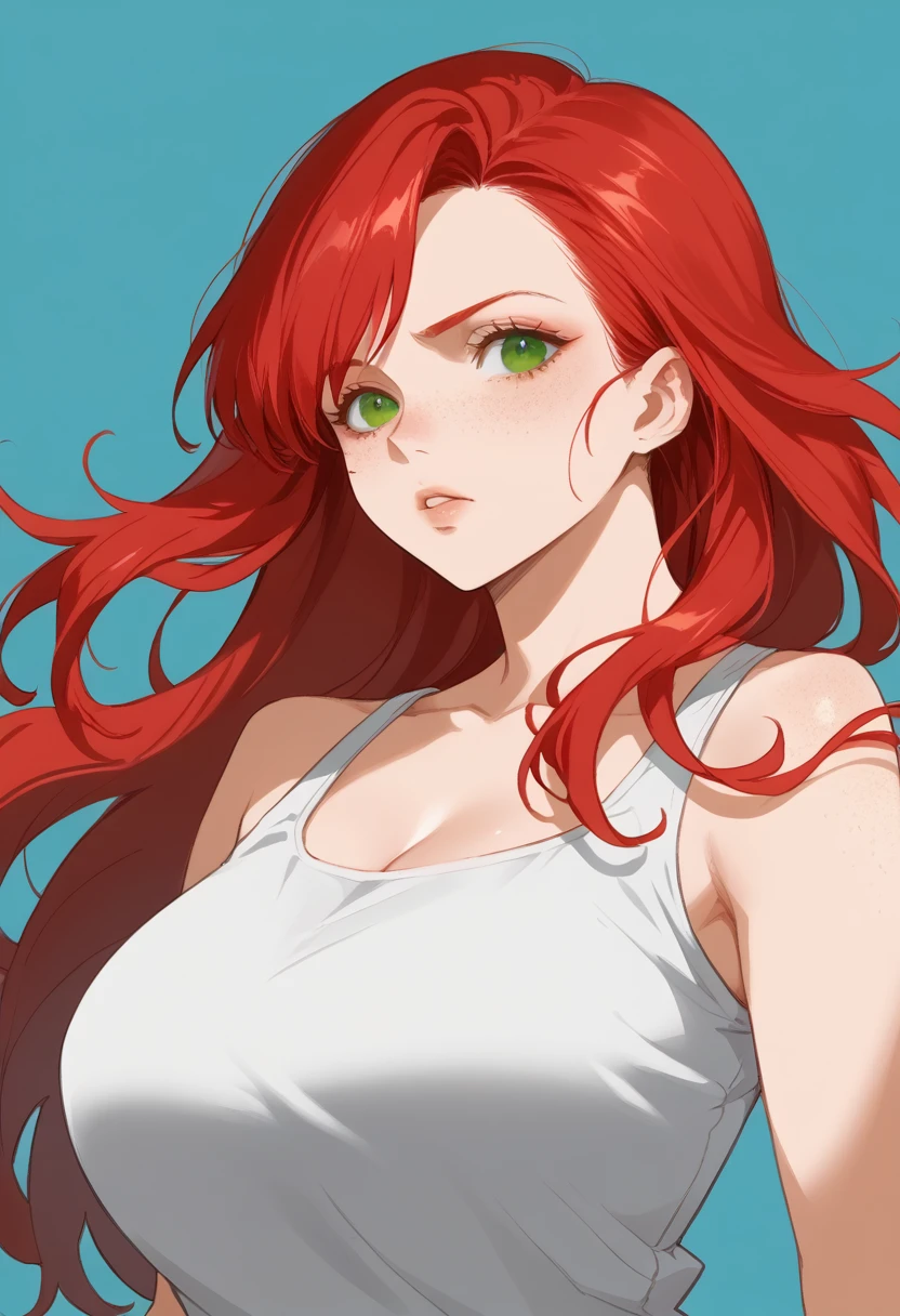 there is a drawing of a woman with red hair and a blue background, a character portrait inspired by Rei Kamoi, deviantart contest winner, digital art, red hair girl, she has red hair, red haired girl, with red hair and green eyes, with red hair, red head, crimson red hair and red eyes, red hair and freckles, halfbody portrait