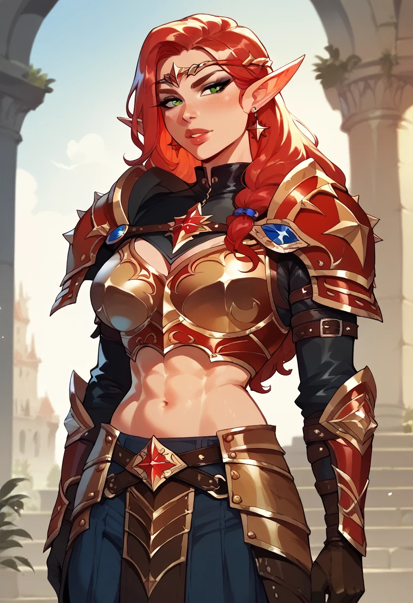 ((8k, masterpiece, very detailed)) Female barbarian elf, red hair, leather skirt ((armor:1.2))
