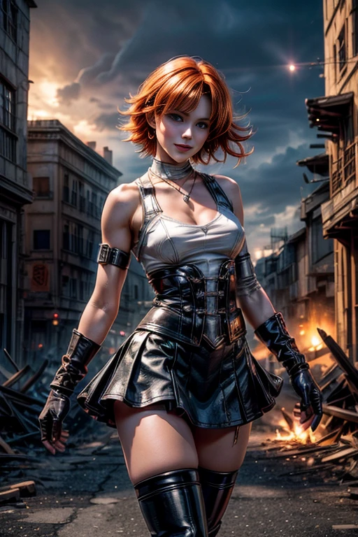 cowboy shot,beautiful nora_valkyrie, smile, breasts, looking at viewer, blush, smile, short hair, bangs, blue eyes, skirt, thighhighs, gloves, holding, hair between eyes, jewelry, medium breasts, collarbone, boots, detached sleeves, sleeveless, black gloves, elbow gloves, shiny, miniskirt, fingerless gloves, black skirt, necklace, black footwear, orange hair, shiny hair, white thighhighs, zettai ryouiki, thigh boots, hammernight, dynamic pose, nora is standing in a town square, mountains in the distance, buildings in ruins, bonfire, post-apocalypse, dystopian future, crowd, (crowd in military uniforms), lightning strikes, best quality, masterpiece, intricate details, tonemapping, sharp focus, hyper detailed, masterpiece, elegant face, beautiful face, highly detailed skin, skin pores, subsurface scattering, realistic pupils, full lips, detailed background, depth of field, atmospheric perspective, volumetric lighting, sharp focus, absurdres, realistic proportions, good anatomy, (realistic, hyperrealistic:1.4), 16k hdr,