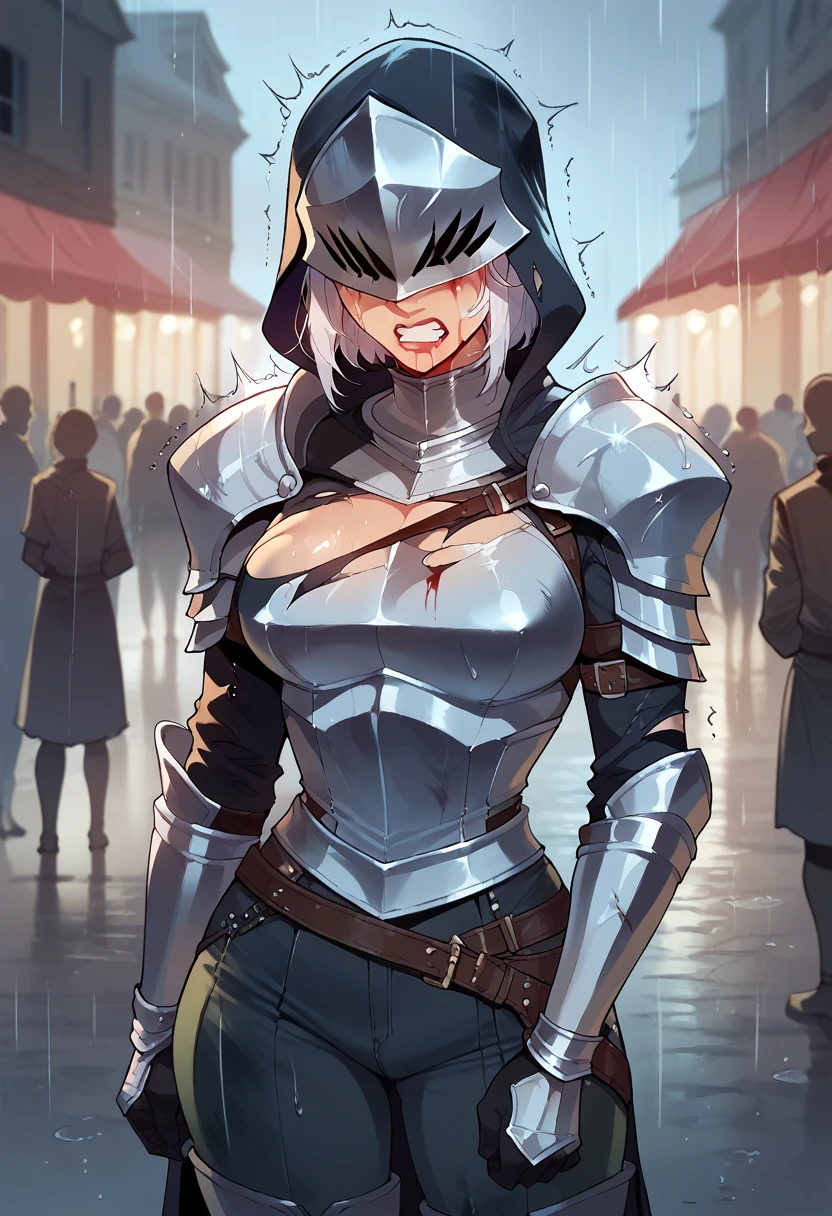 female knight, damaged clothes, cry, angry, blurry background, rain, crowd, blood
