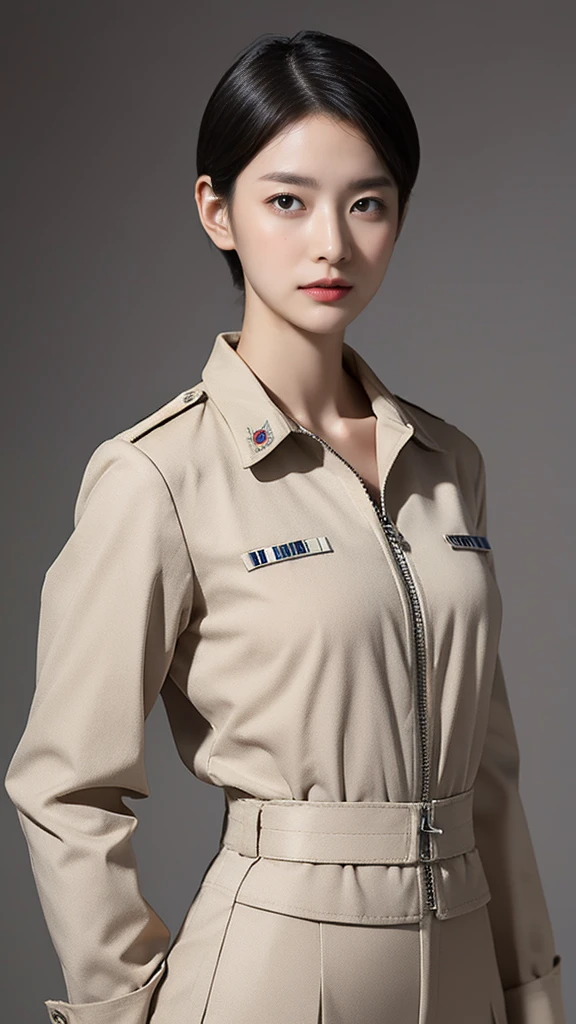 solo,  looks,  Kampala, masterpiece,  anatomically correct , Best Quality,  ultra-fine,  textured skin, woman、 Belly Shorthair with Center Parting、Muscular、soldier、General 、 military uniform、Look this way、