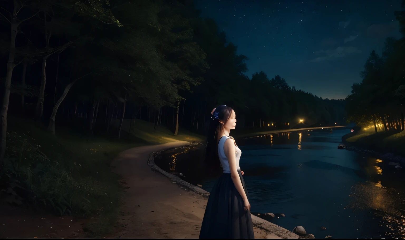 original, (masterpiece), (illustration), ( extremely fine and beautiful ), (perfect details), ( unity CG 8K background :1.05), ( beautiful and clear background:1.25), (Depth of field:0.7), 1 girl,huanxiaoyi , (standing by the river :1.15).(hair blowing in the wind:1.1), butterflies flying around , (Moonlight:0.6), Tree, (summer), (Night:1.2), (Close-up:0.35), (Gloves:0.8), Alone ,