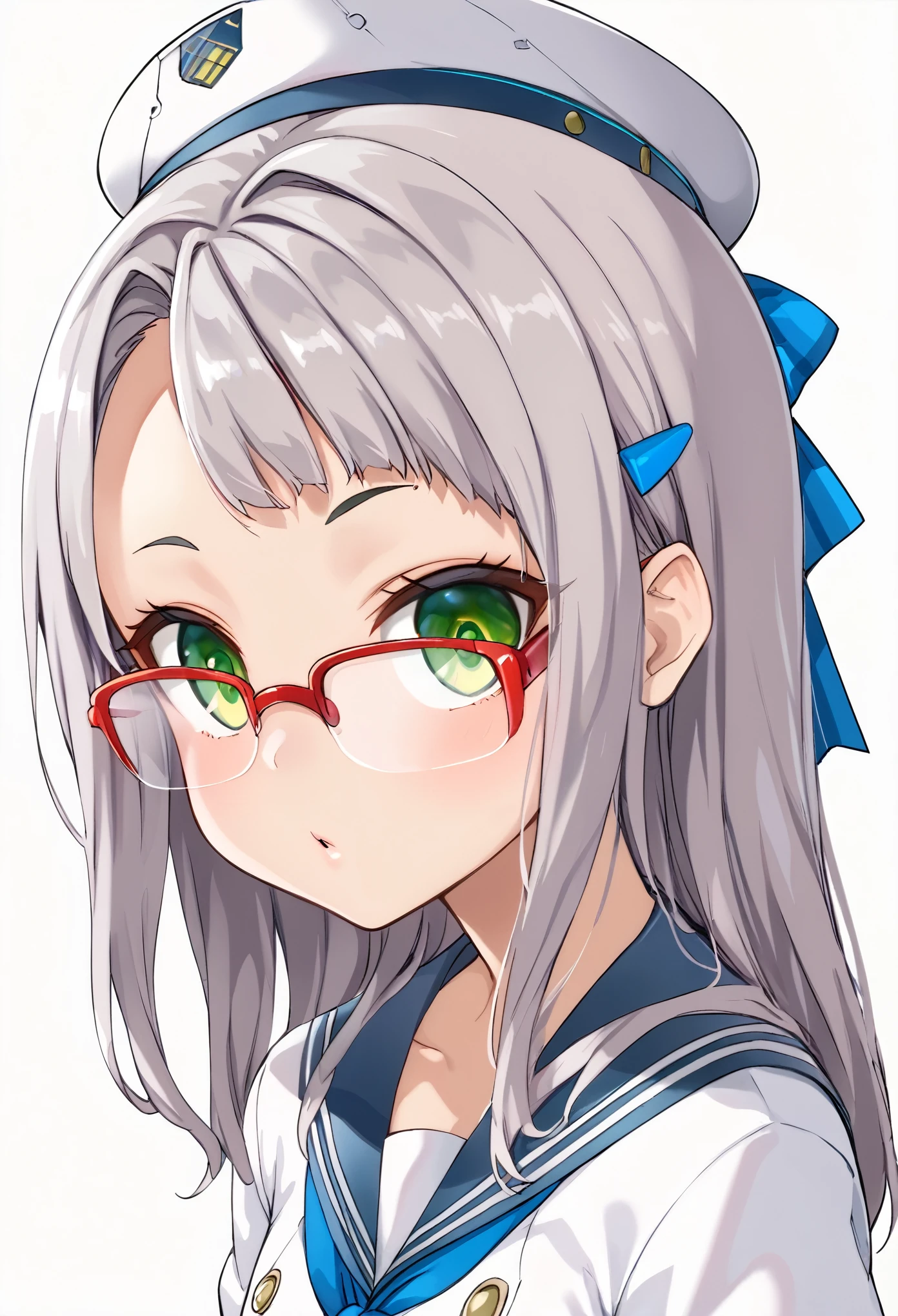 (超詳細なeye、詳細なface, super high definition、super high quality、eye),neon def, green eyes, grey hair, bangs, long hair, glasses, hair bow, hairclip, beret, blue sailor collar,  blue neckerchief, white shirt,Turn around、Rear view、(Surprise、A funny expression)、Glowing Glasses、 upper body,face