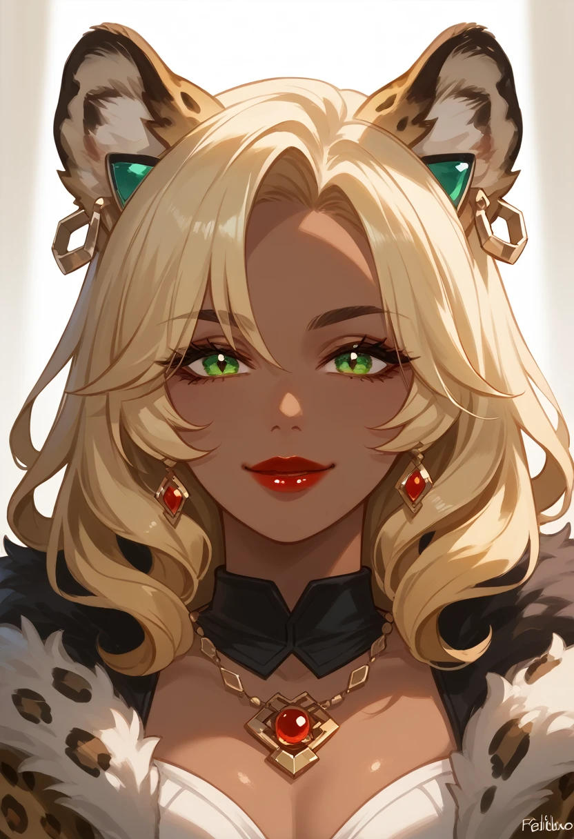 xilonen-gi, green eyes,blonde hair,animal ears,leopard girl, dark-skinned female, looking at viewer, red lips, smile, solo, upper body