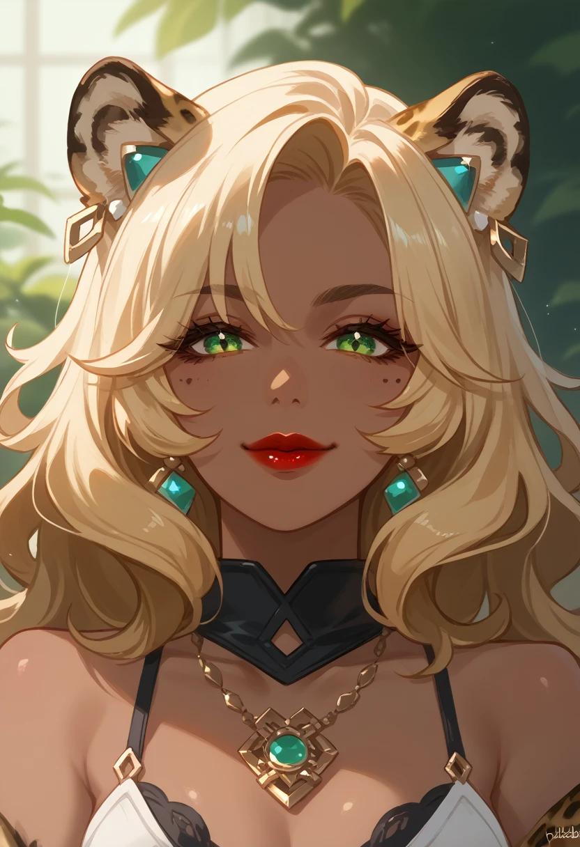 xilonen-gi, green eyes,blonde hair,animal ears,leopard girl, dark-skinned female, looking at viewer, red lips, smile, solo, upper body