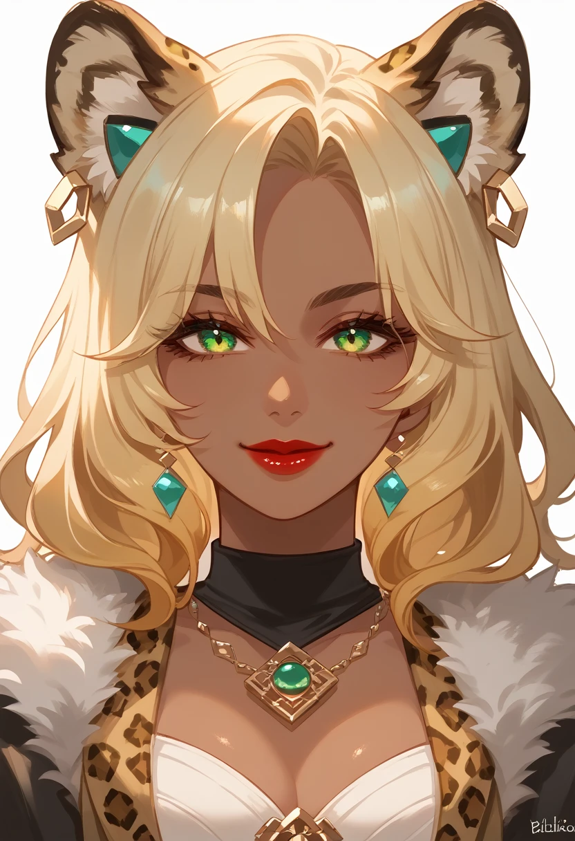 xilonen-gi, green eyes,blonde hair,animal ears,leopard girl, dark-skinned female, looking at viewer, red lips, smile, solo, upper body