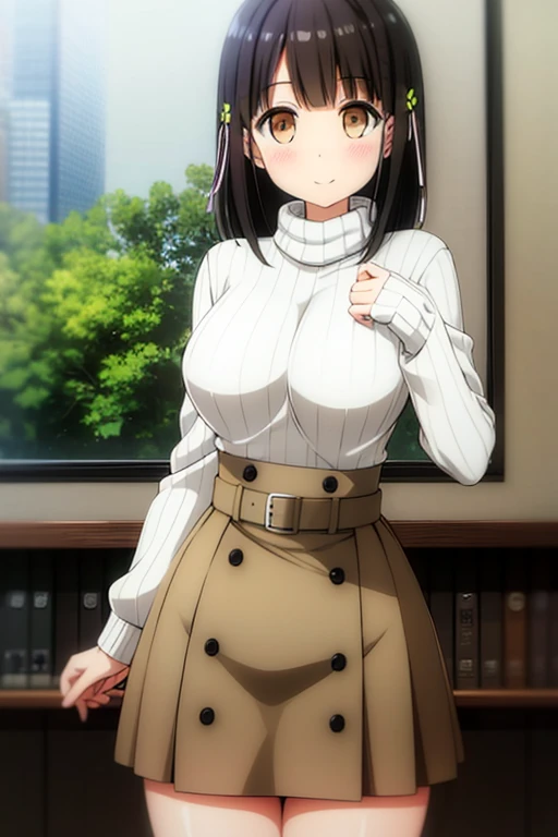 yui hanasaka \(casual\) \(one room\), bangs, belt, black_hair,(close mouth),smile, blush, breasts, brown_eyes, black_hair, cowboy_shot, eyebrows_visible_through_hair, hair_ornament, long_sleeves, looking_at_viewer,high waist skirt, ribbed_sweater, skirt, sleeves_past_wrists, sweater, turtleneck, turtleneck_sweater, white_sweater, huge chest, thick legs