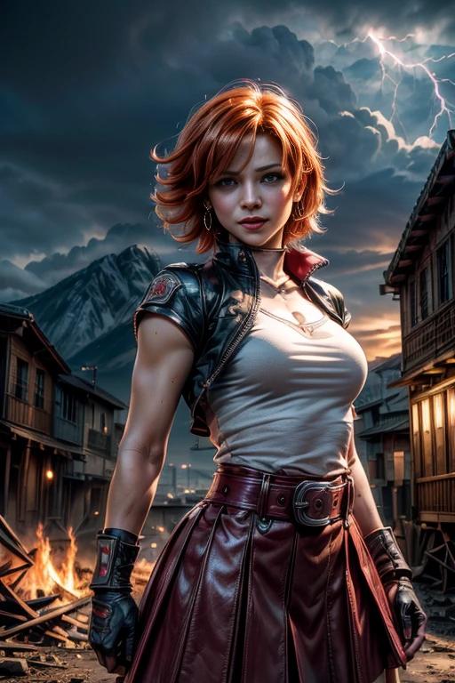 cowboy shot, beautiful (nora_valkyrie), looking at viewer, smiling, lips, short hair, blue eyes, orange hair, hoop earring, heart design on t-shirt, gloves, jacket, pink skirt, pink belt, short sleeves, puffy sleeves, single armband, fingerless gloves, black nail, dynamic pose, night, nora is standing in a town square, mountains in the distance, buildings in ruins, bonfire, post-apocalypse, dystopian future, crowd, (crowd in military uniforms), lightning strikes, best quality, masterpiece, intricate details, tonemapping, sharp focus, hyper detailed, masterpiece, elegant face, beautiful face, highly detailed skin, skin pores, subsurface scattering, realistic pupils, full lips, detailed background, depth of field, atmospheric perspective, volumetric lighting, sharp focus, absurdres, realistic proportions, good anatomy, (realistic, hyperrealistic:1.4), 16k hdr,