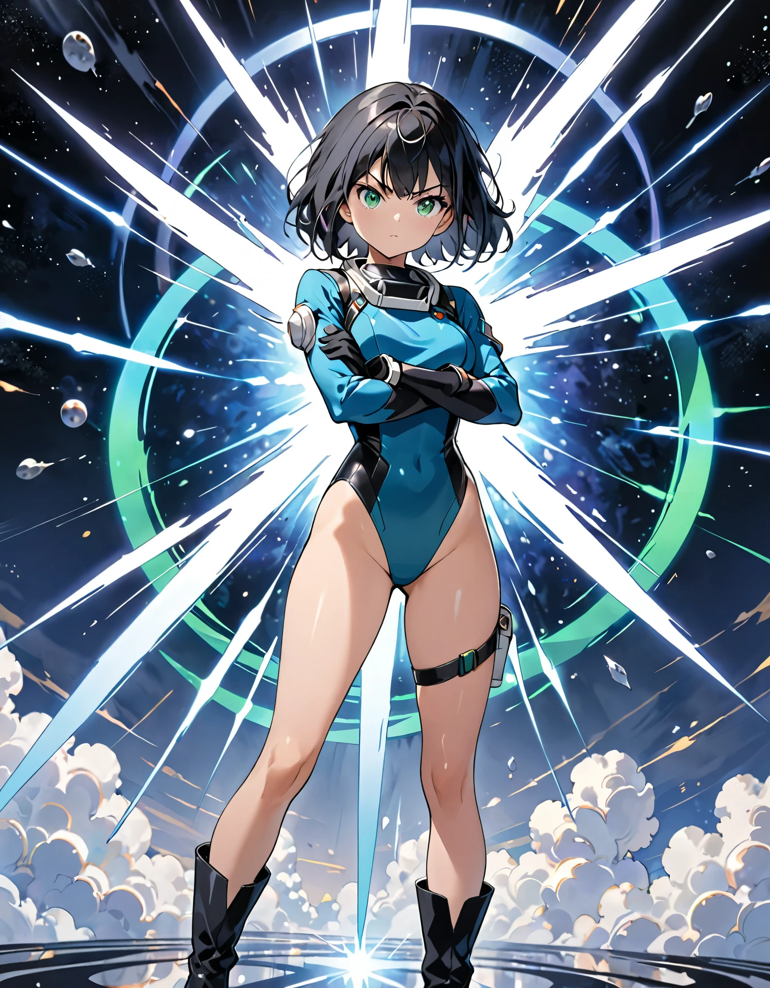 masterpiece, best quality, high res, solo focus, 1female, young woman, black hair, short hair, green eyes, wearing a black space helmet, open helmet, blue bodysuit, black leotard, black gloves, black boots, ankle boots, (bare legs:1.2), serious expression, metamorphosing pose, time warp, standing, crossed arms, 8k, cowboy shot