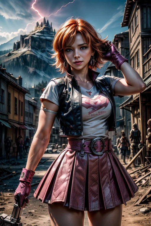 cowboy shot, beautiful (nora_valkyrie), looking at viewer, smiling, lips, short hair, blue eyes, orange hair, hoop earring, heart design on t-shirt, gloves, jacket, pink skirt, pink belt, short sleeves, puffy sleeves, single armband, fingerless gloves, black nail, dynamic pose, night, nora is standing in a town square, mountains in the distance, buildings in ruins, bonfire, post-apocalypse, dystopian future, crowd, (crowd in military uniforms), lightning strikes, best quality, masterpiece, intricate details, tonemapping, sharp focus, hyper detailed, masterpiece, elegant face, beautiful face, highly detailed skin, skin pores, subsurface scattering, realistic pupils, full lips, detailed background, depth of field, atmospheric perspective, volumetric lighting, sharp focus, absurdres, realistic proportions, good anatomy, (realistic, hyperrealistic:1.4), 16k hdr,